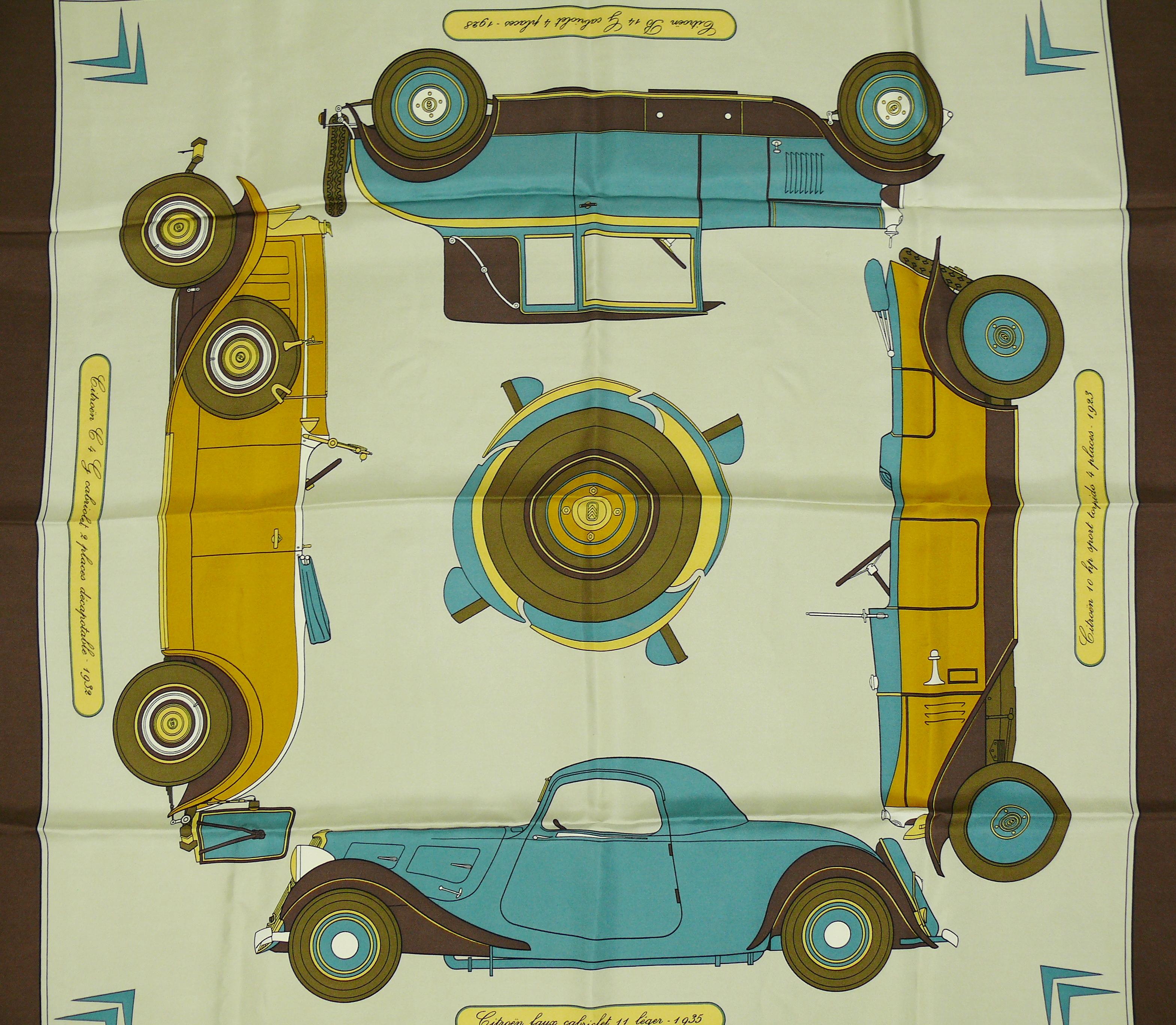 HERMES vintage silk carre scarf featuring four CITROEN cars.

Collector scarf. Impossible to find !

Designed by HENRY D'ORIGNY.

Hand rolled borders.
100 % silk.
Composition and care tag attached.

Marked HERMES PARIS.

Indicative measurements :