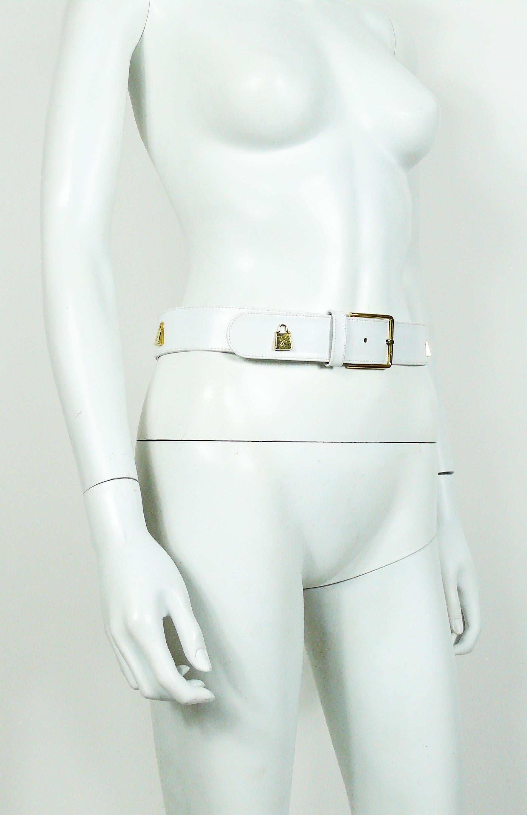 Gray Karl Lagerfeld Vintage White Leather Belt with Gold Toned Handbags For Sale