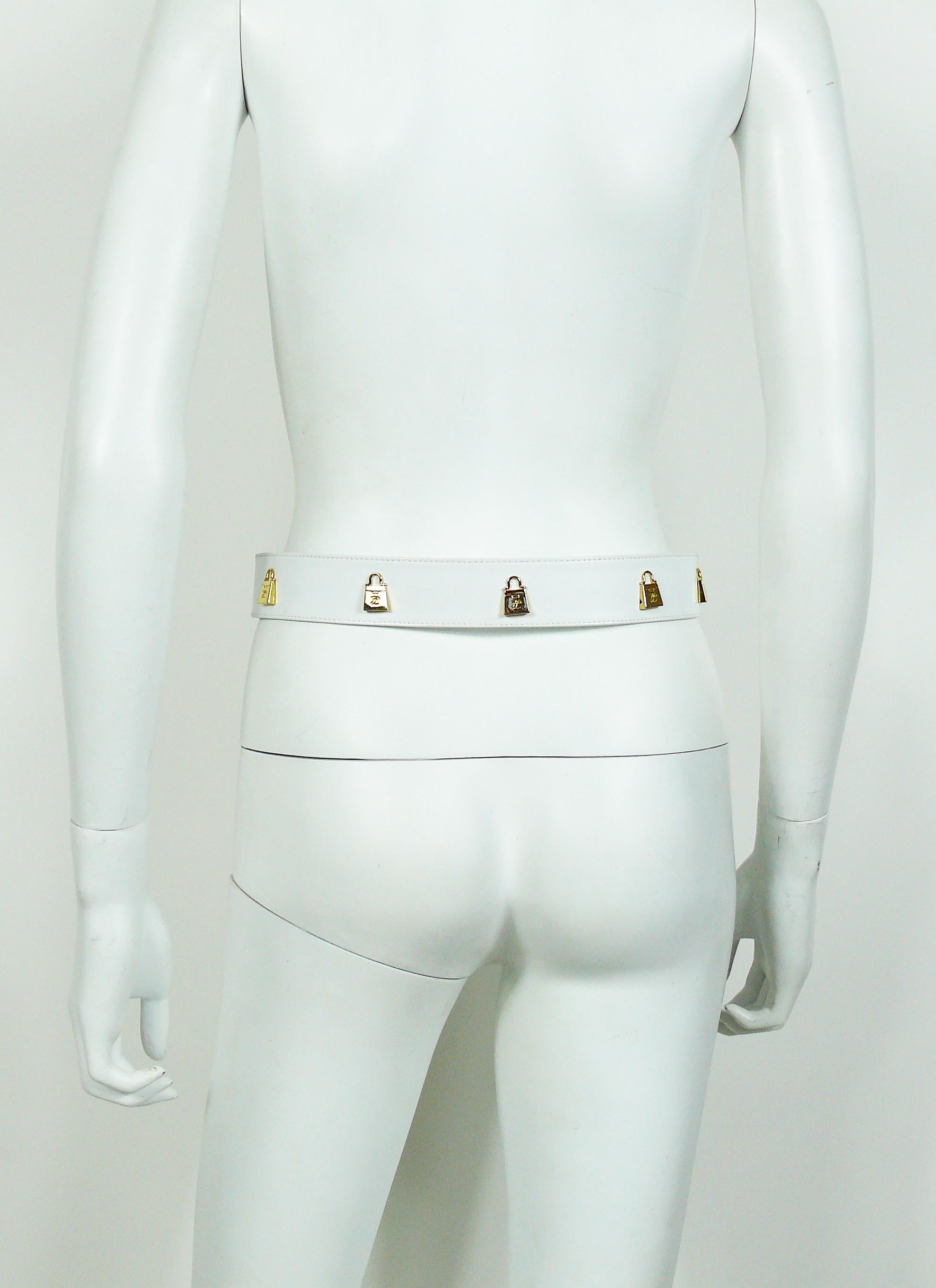 Karl Lagerfeld Vintage White Leather Belt with Gold Toned Handbags For Sale 1