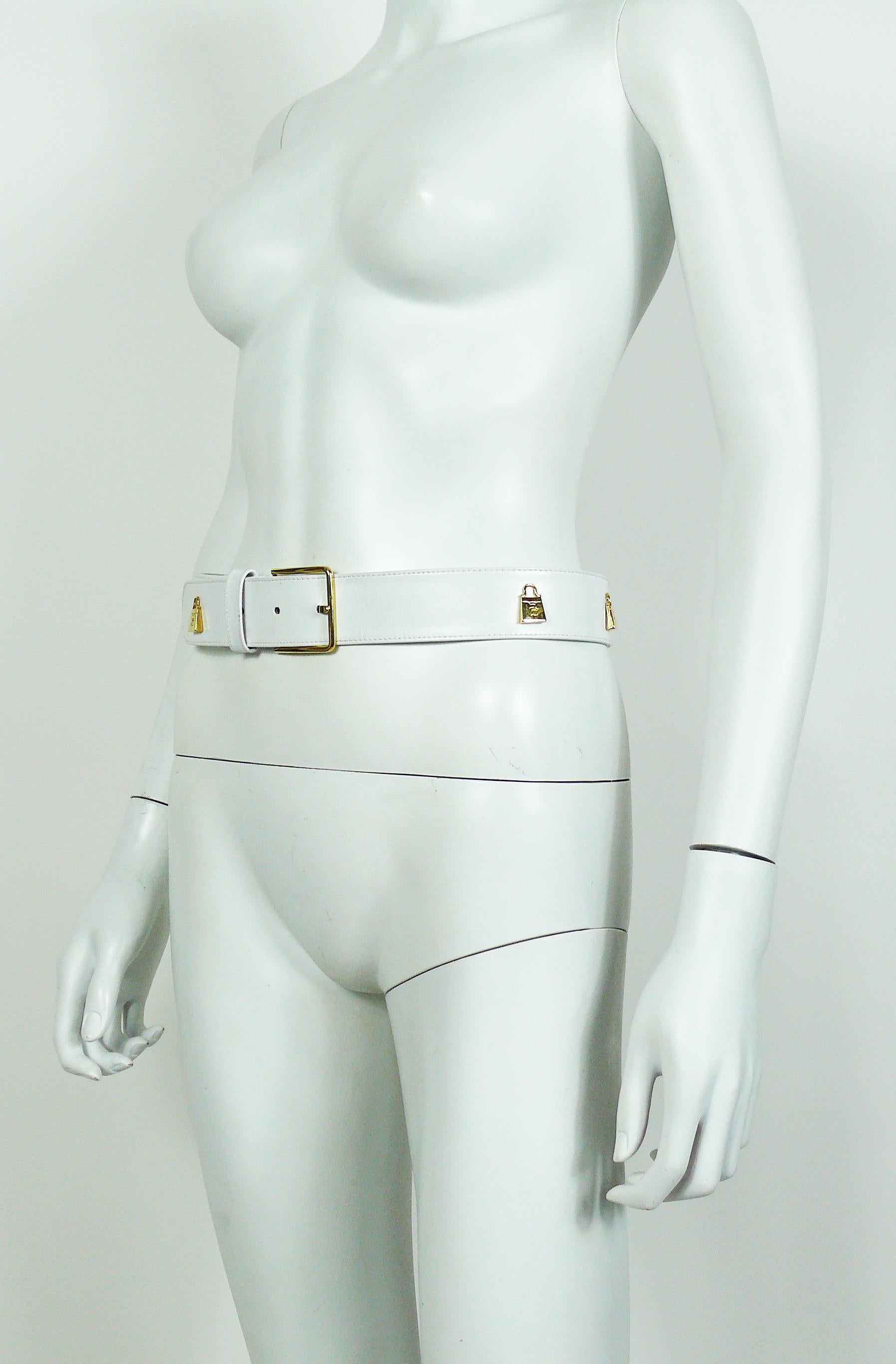 Karl Lagerfeld Vintage White Leather Belt with Gold Toned Handbags For Sale 4