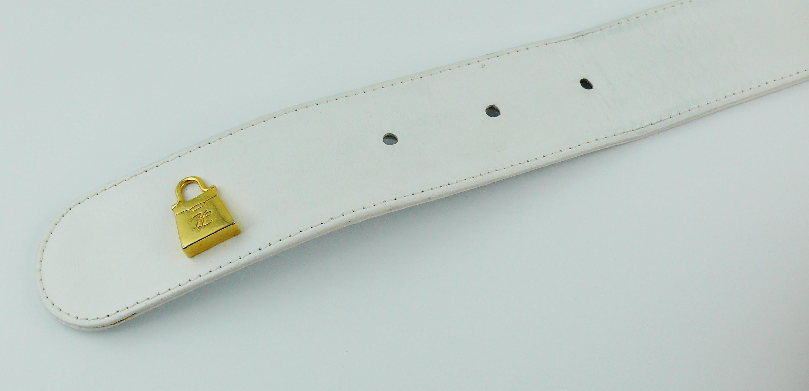 Karl Lagerfeld Vintage White Leather Belt with Gold Toned Handbags For Sale 3
