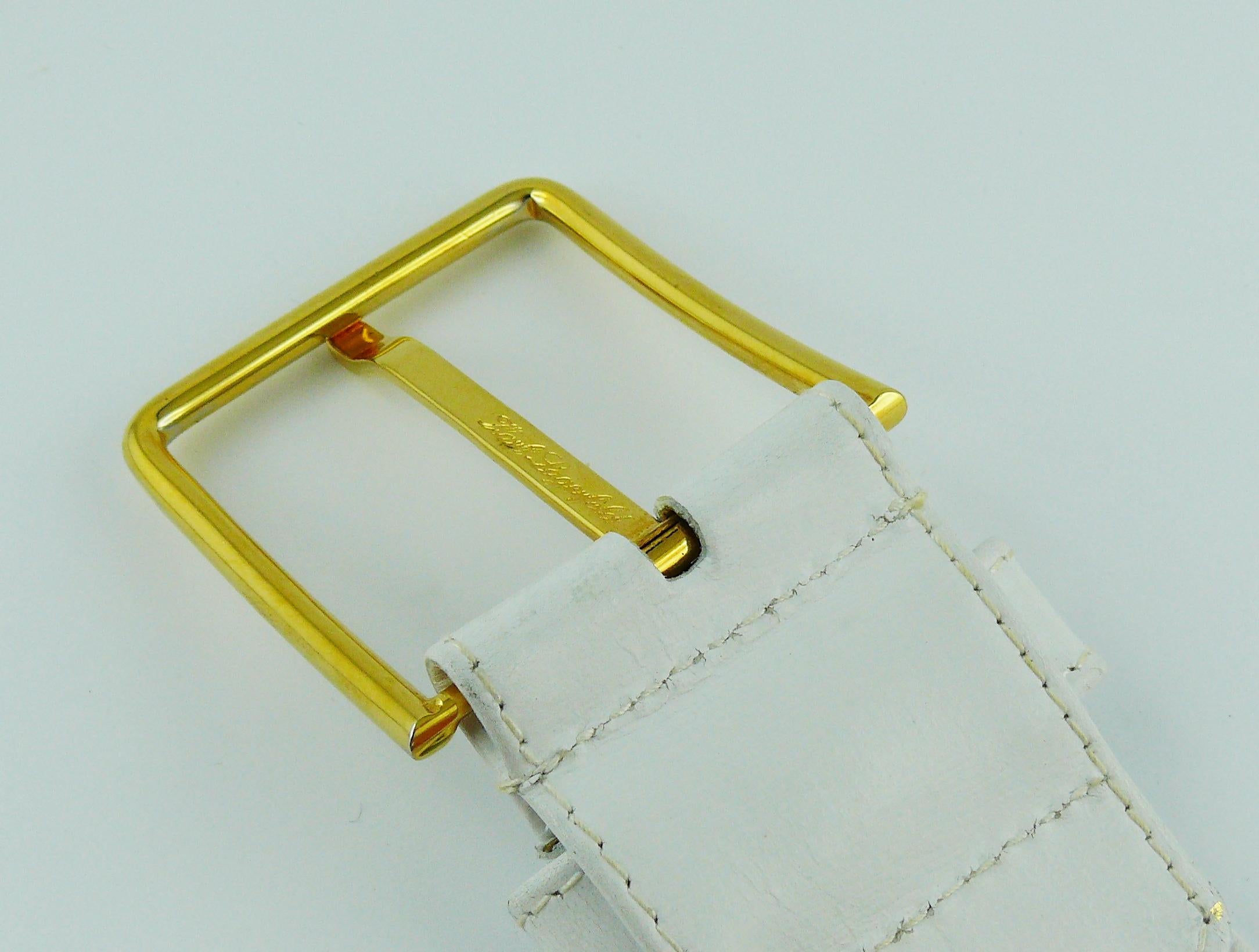 Karl Lagerfeld Vintage White Leather Belt with Gold Toned Handbags For Sale 5