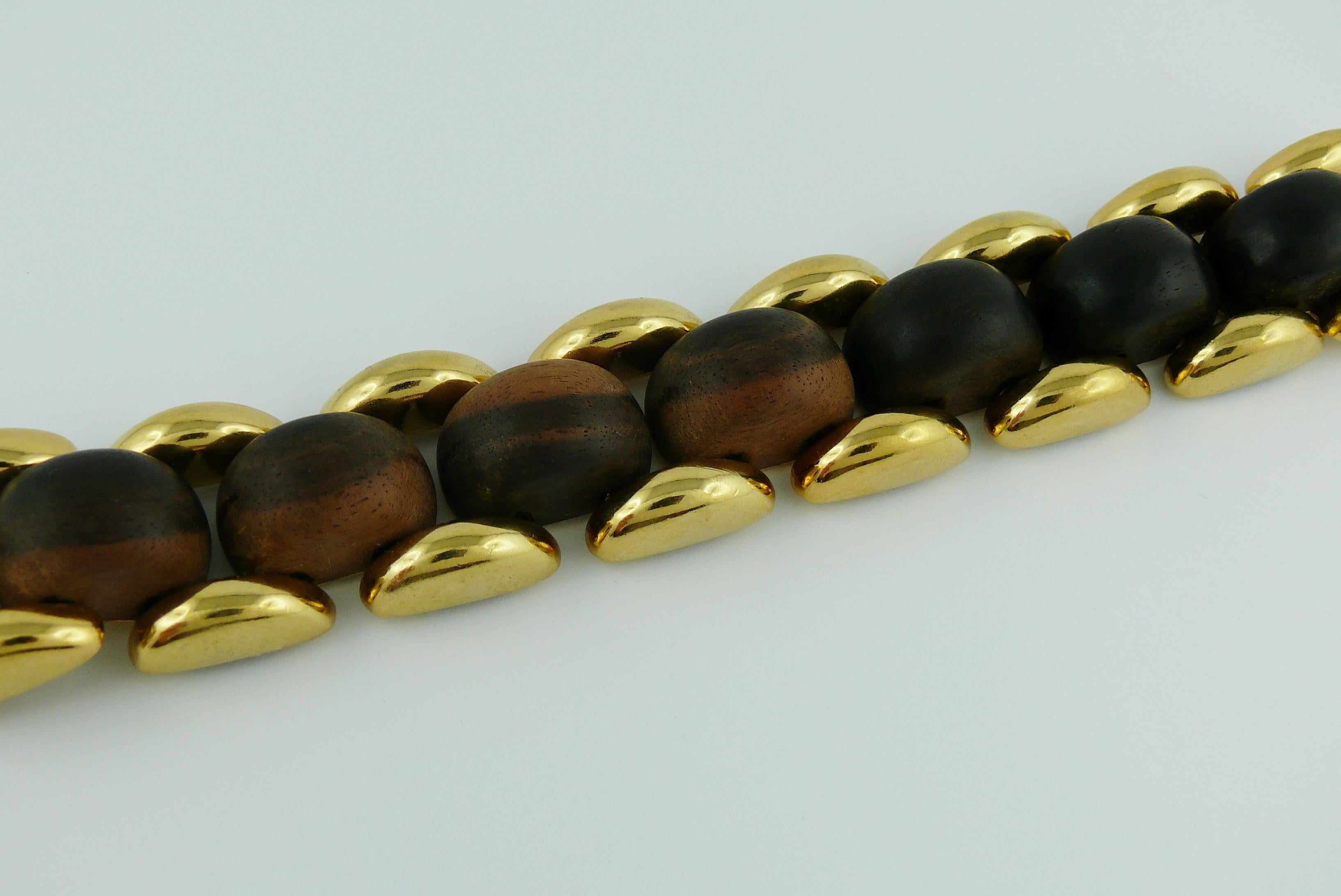 Women's Yves Saint Laurent YSL Vintage Gold Toned and Wood Bold Link Bracelet