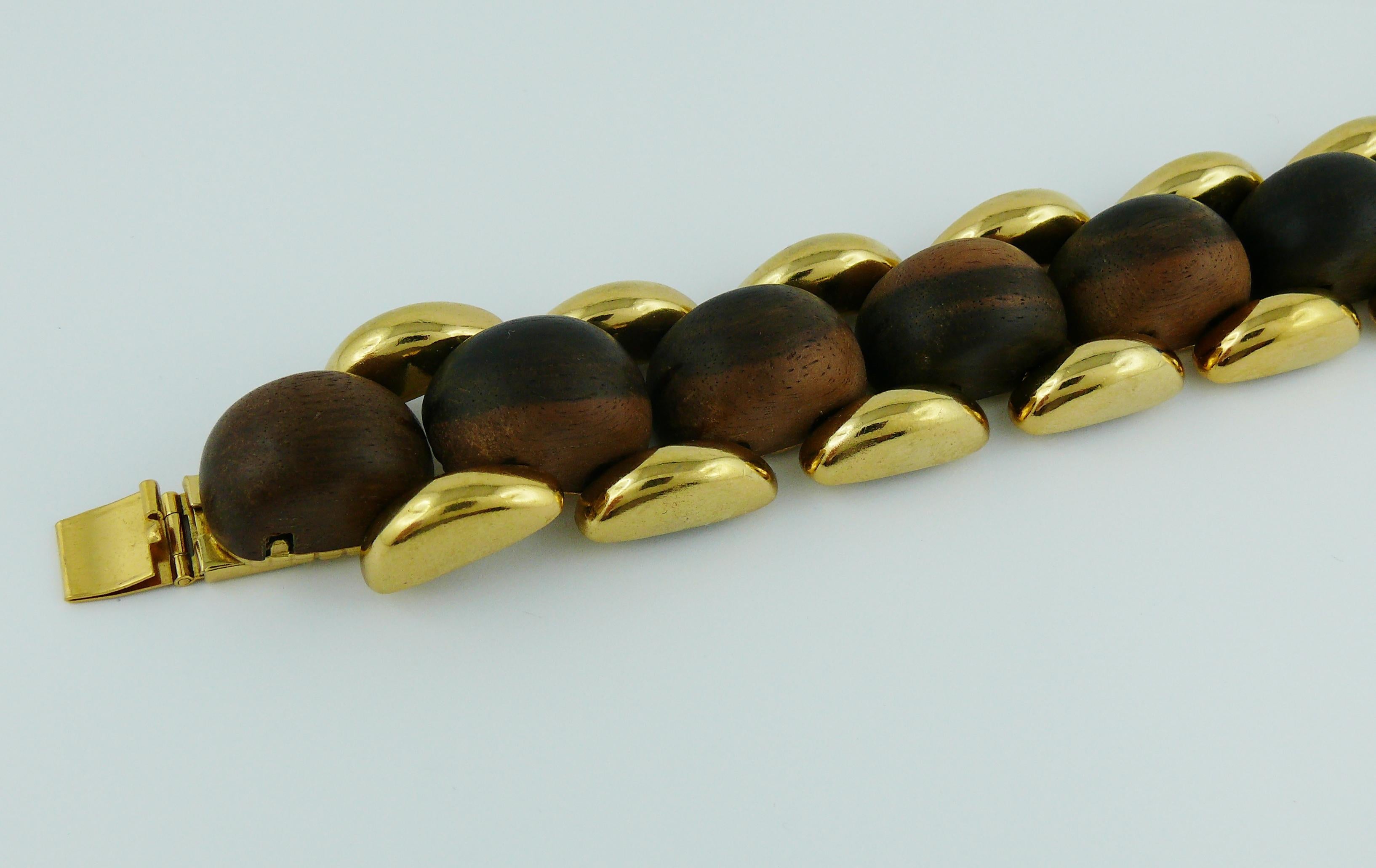 Yves Saint Laurent YSL Vintage Gold Toned and Wood Bold Link Bracelet 1