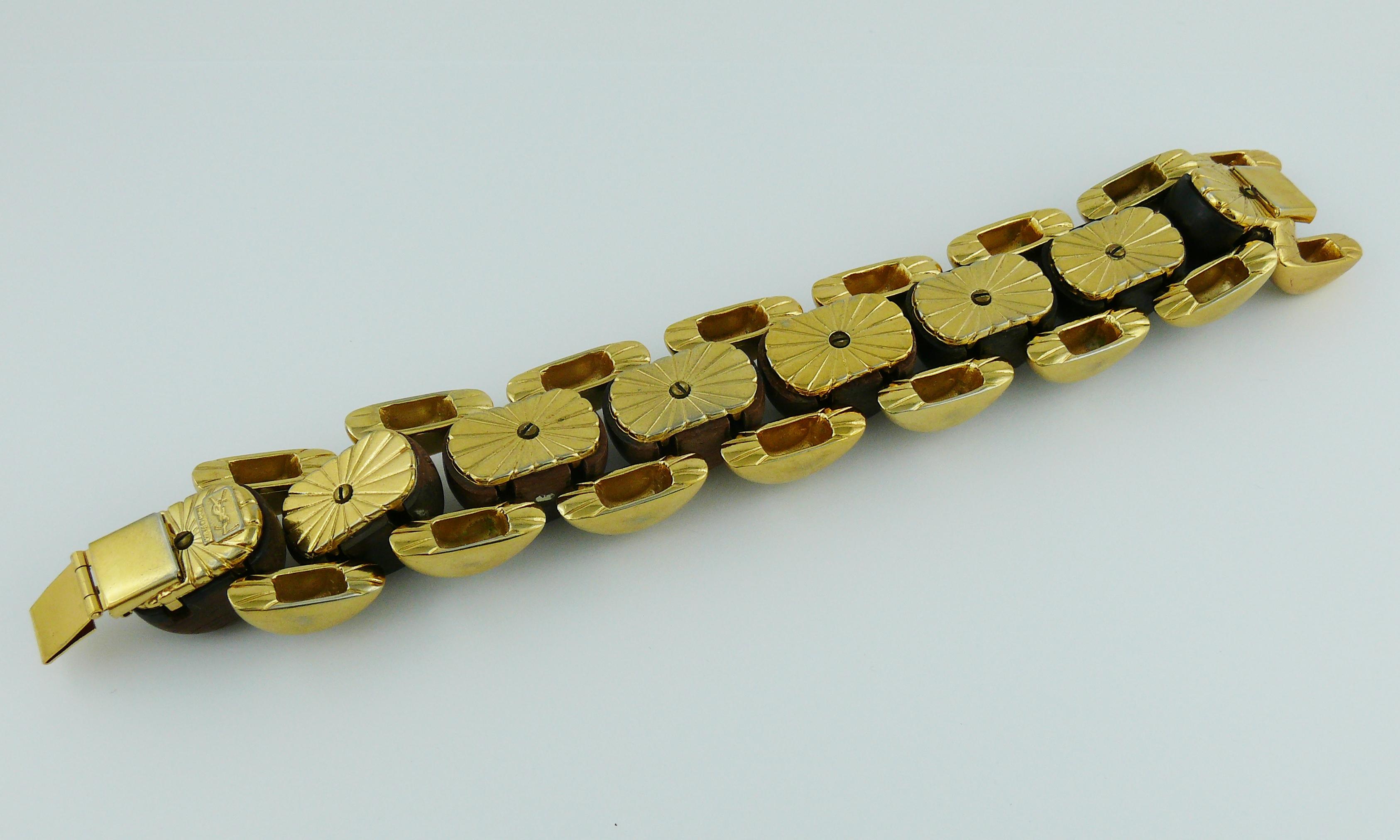 Yves Saint Laurent YSL Vintage Gold Toned and Wood Bold Link Bracelet 2