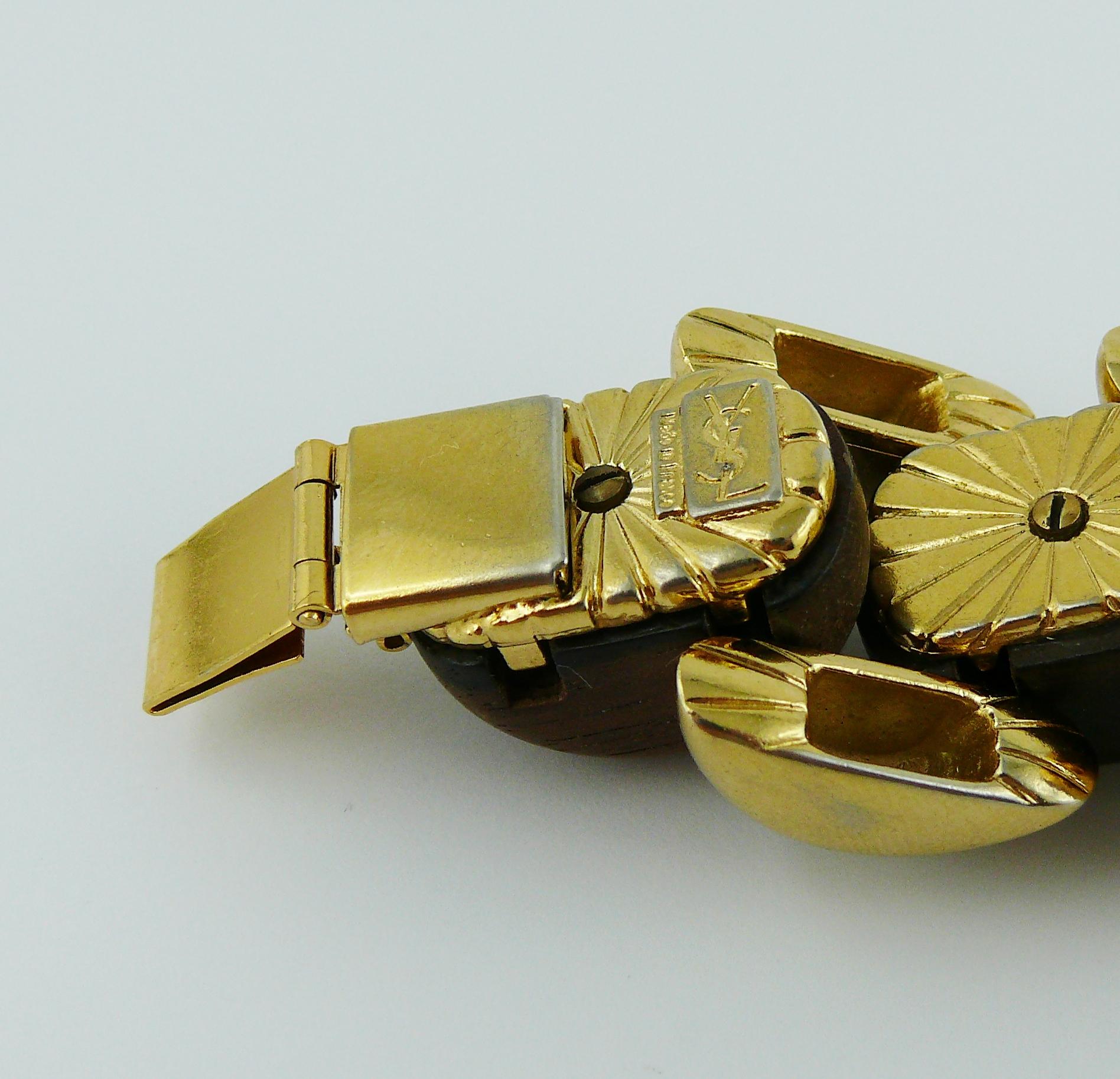 Yves Saint Laurent YSL Vintage Gold Toned and Wood Bold Link Bracelet 3