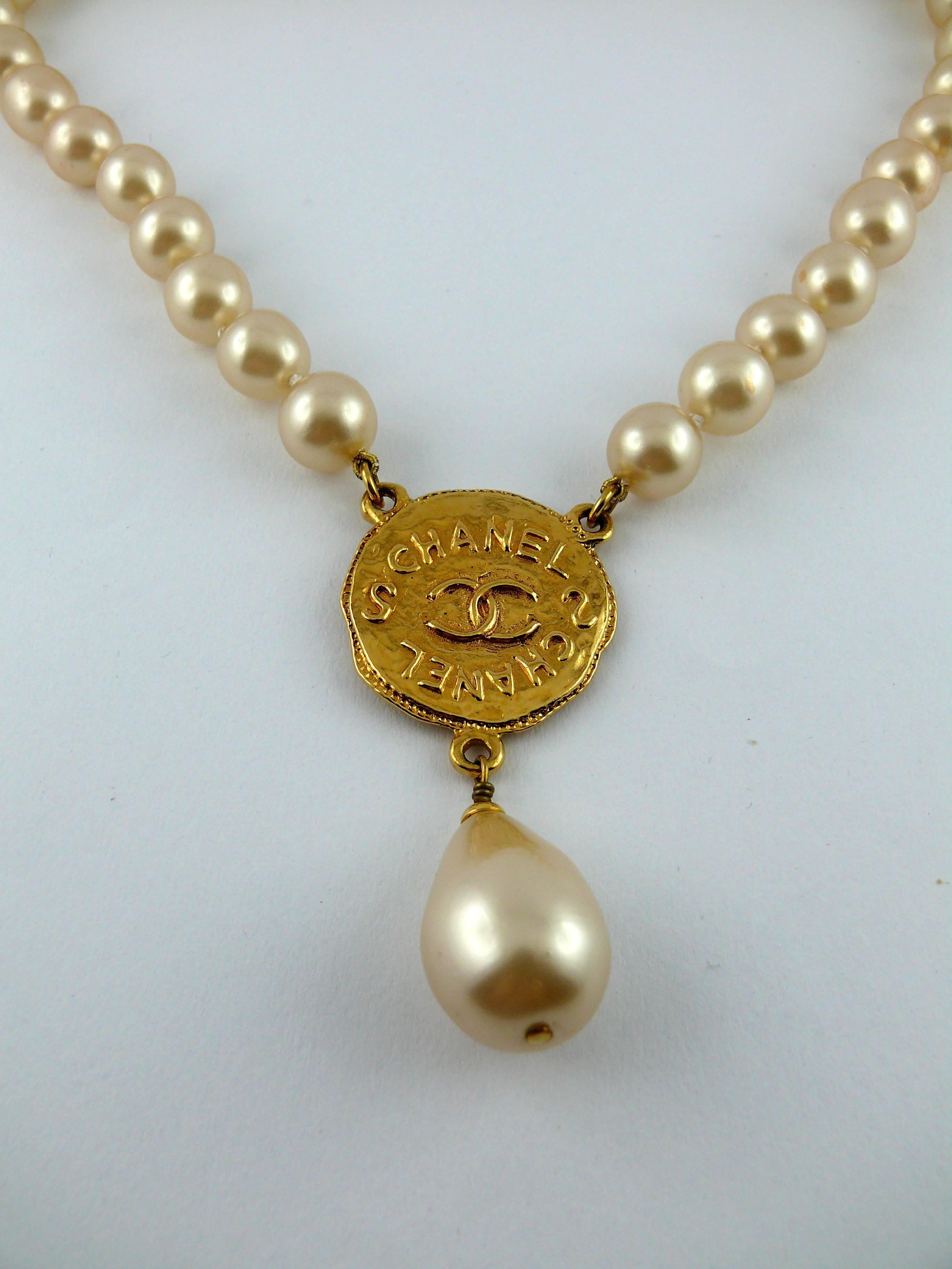 Women's Chanel Vintage Pearl Necklace with CC Logo Coin Medallion, 1994 