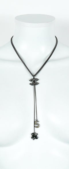 Chanel Ruthenium CC Pendant Necklace with N°5 and Clover