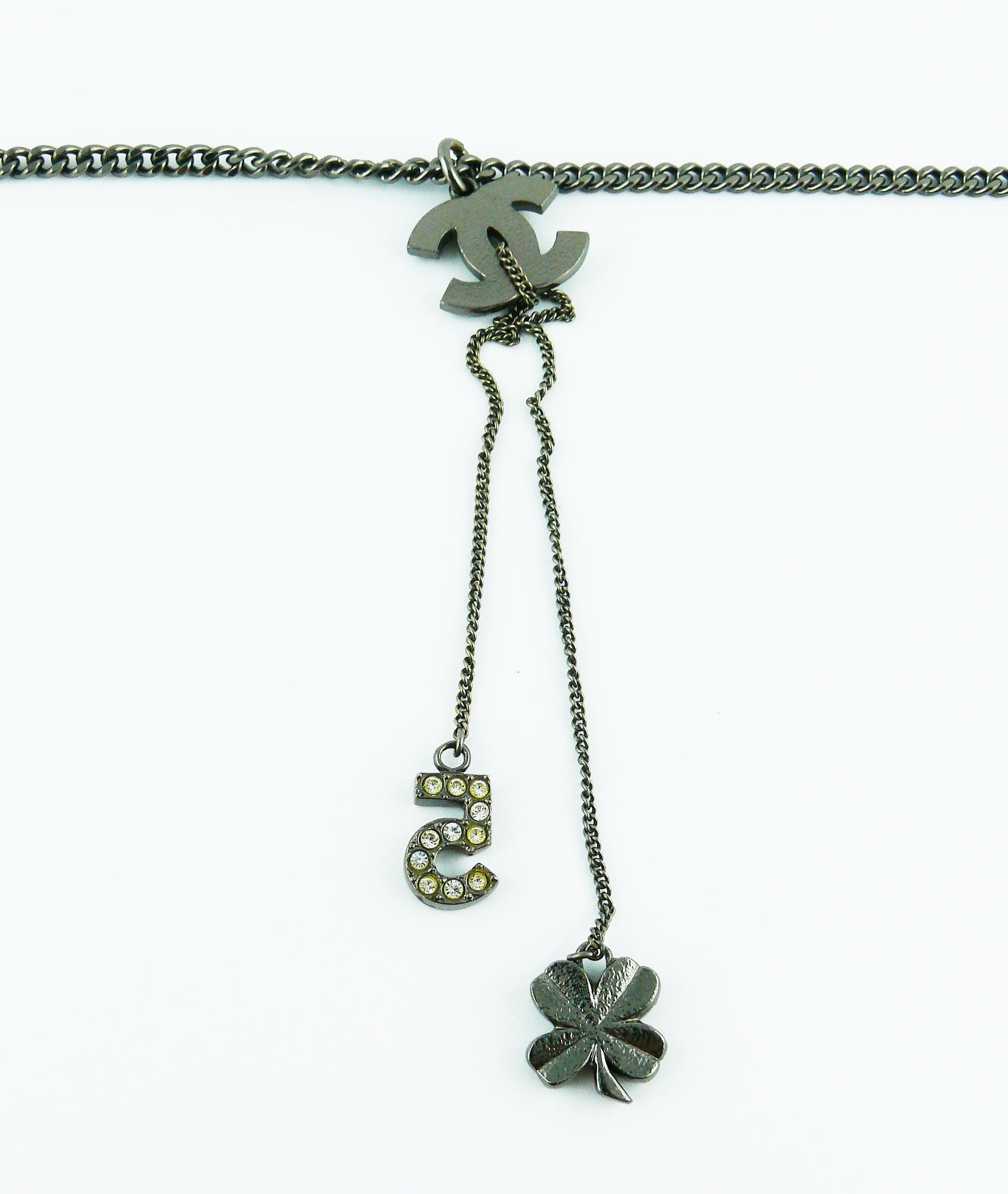 Chanel Ruthenium CC Pendant Necklace with N°5 and Clover 6