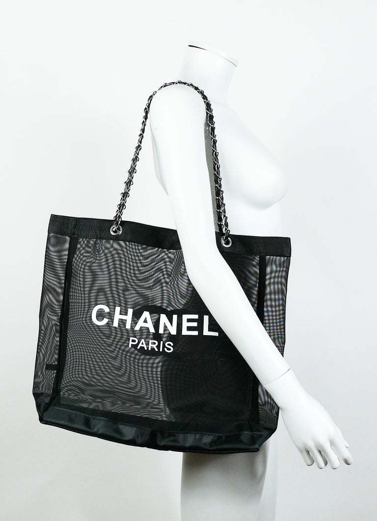 CHANEL Tote Bag - Mesh Black Travel Handbag Gold Chain