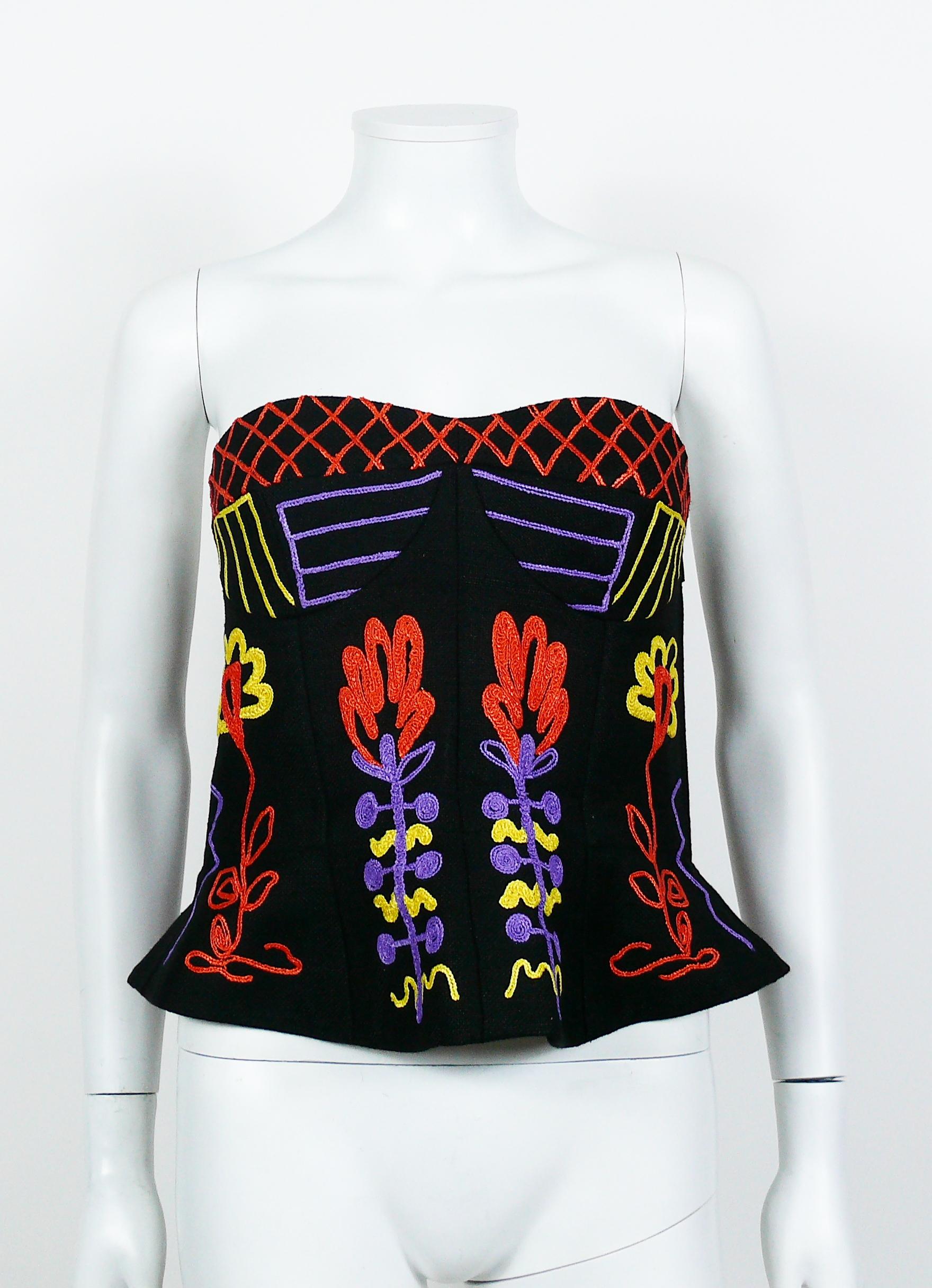 Christian Lacroix Vintage Embroidered Black Linen Bustier Top, 1990s  In Excellent Condition In Nice, FR