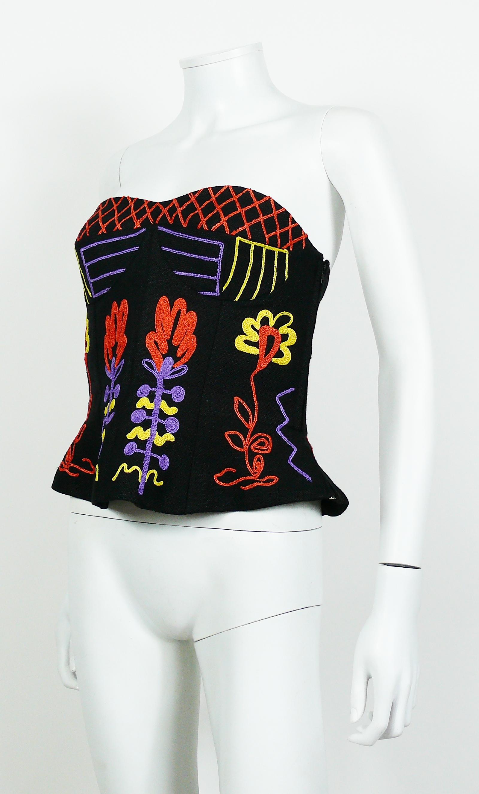 Women's Christian Lacroix Vintage Embroidered Black Linen Bustier Top, 1990s 
