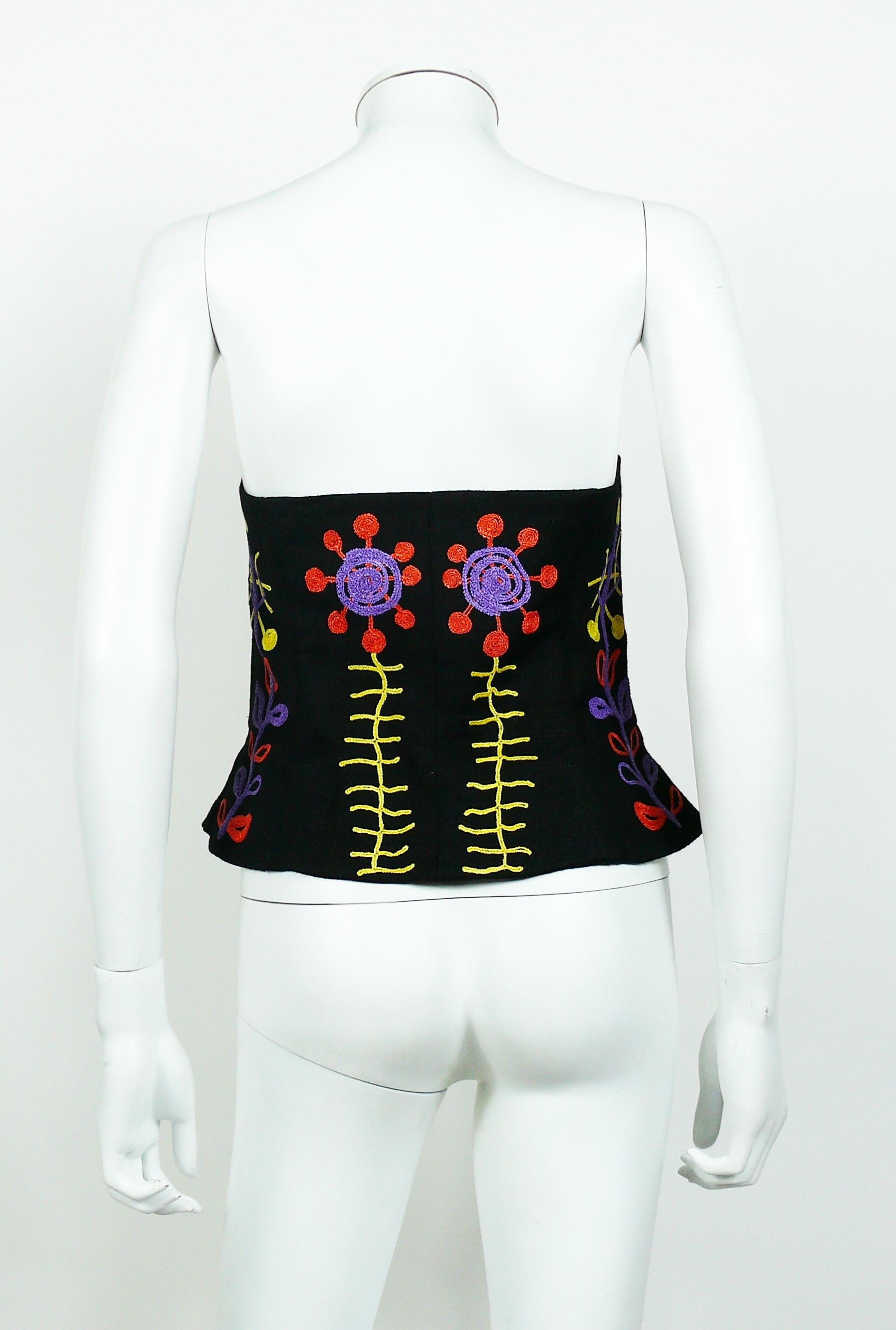 Christian Lacroix Vintage Embroidered Black Linen Bustier Top, 1990s  1