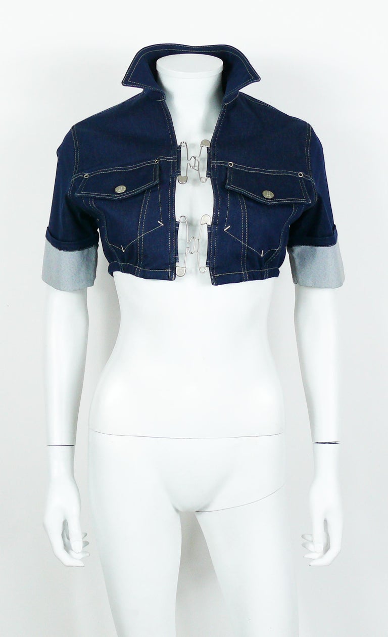 Jean Paul Gaultier Vintage Denim and Safety Pin Crop Top In Excellent Condition In Nice, FR