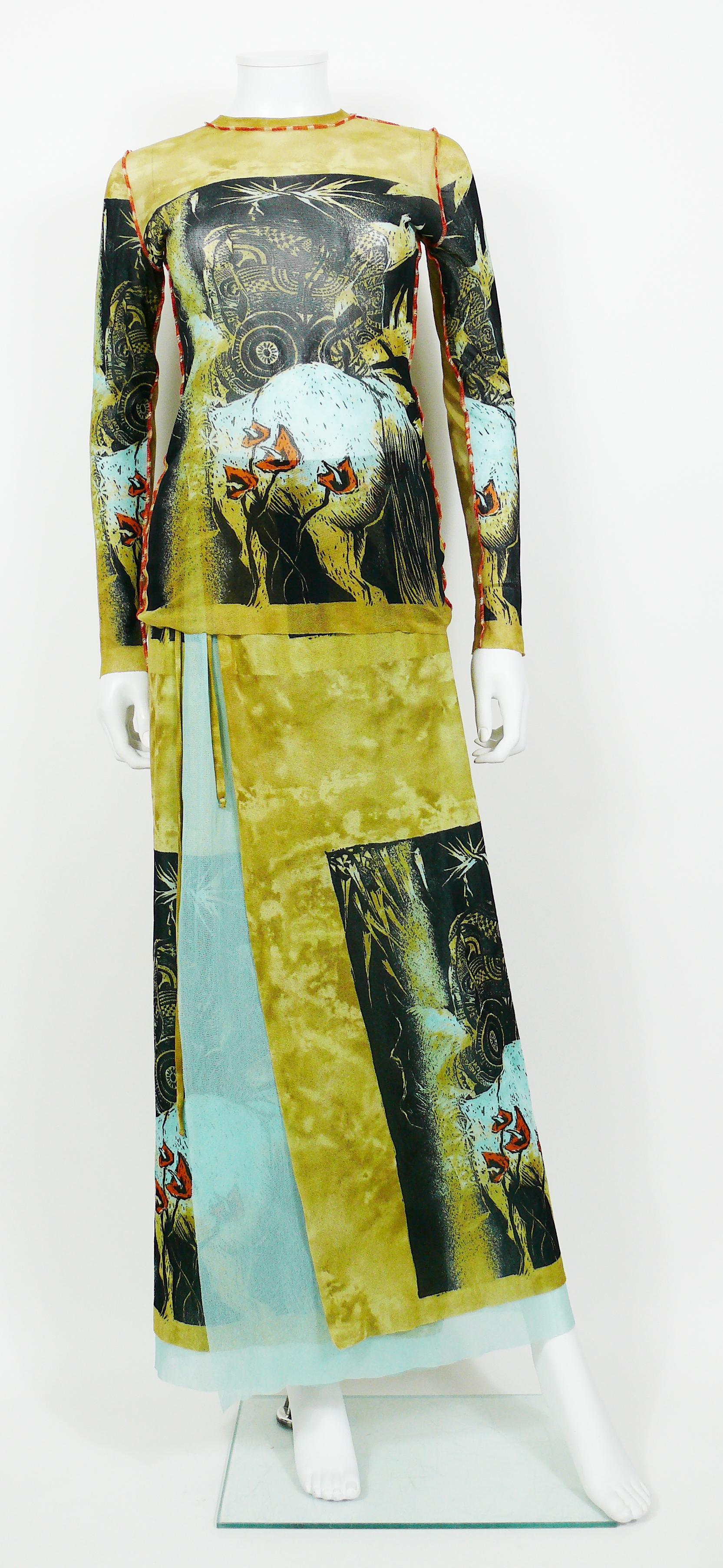 Green Jean Paul Gaultier Vintage Maori Print Sheer Mesh Ensemble