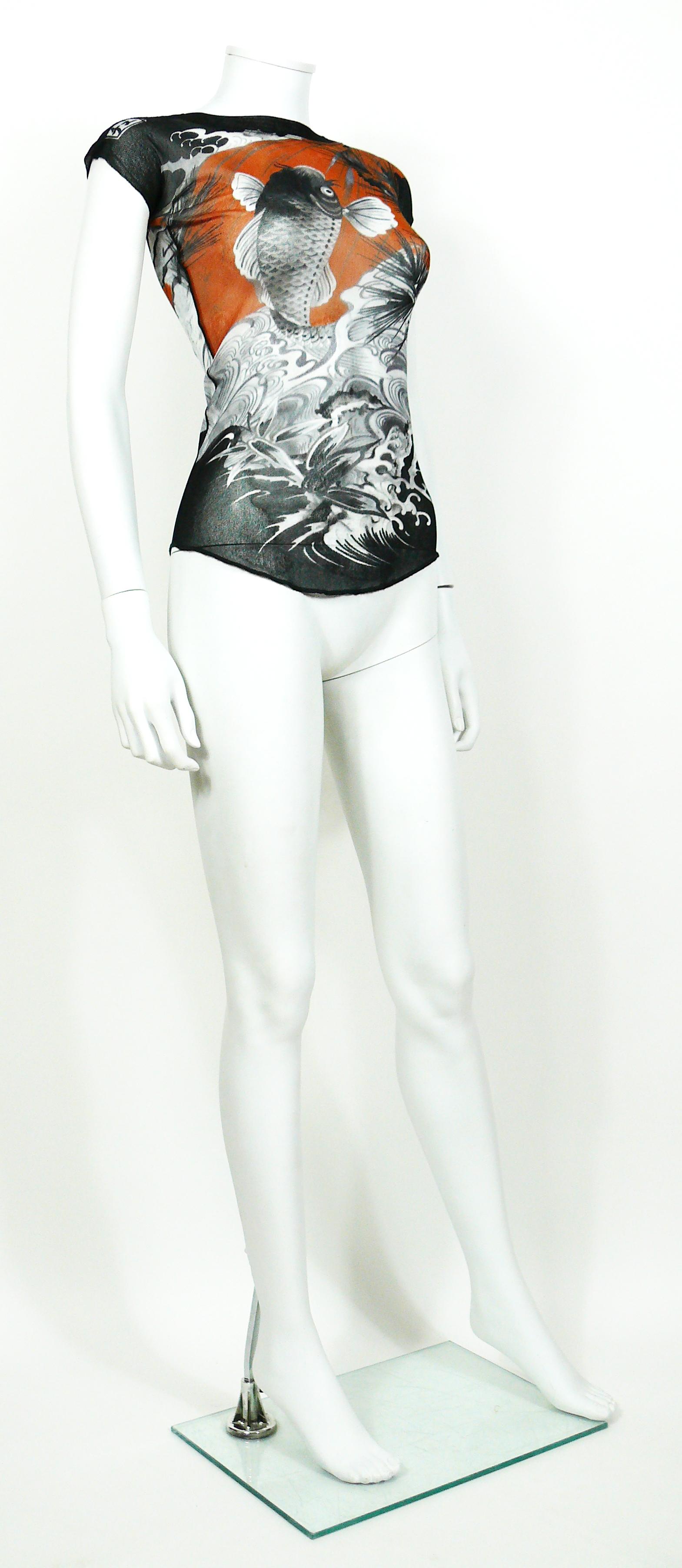JEAN PAUL GAULTIER vintage koi tattoo mesh top. 

Label reads JEAN PAUL GAULTIER Soleil.

Size label reads : S.
Please refer to measurements.

Missing composition and care tag.

Indicative measurements taken laid flat and unstretched (double bust) :