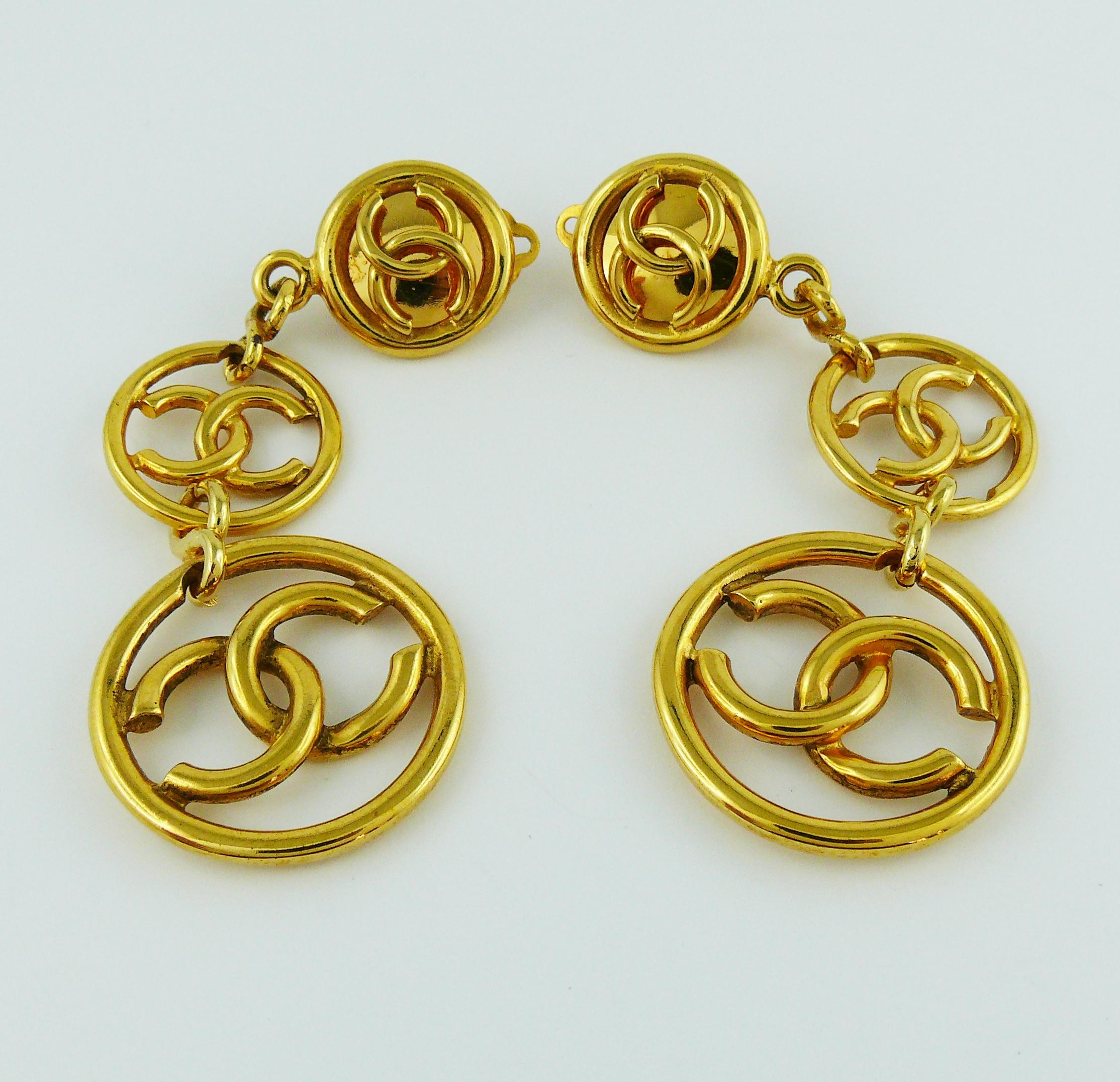 Women's Chanel Vintage Gold Toned Three Tiered CC Dangling Earrings, 1993 