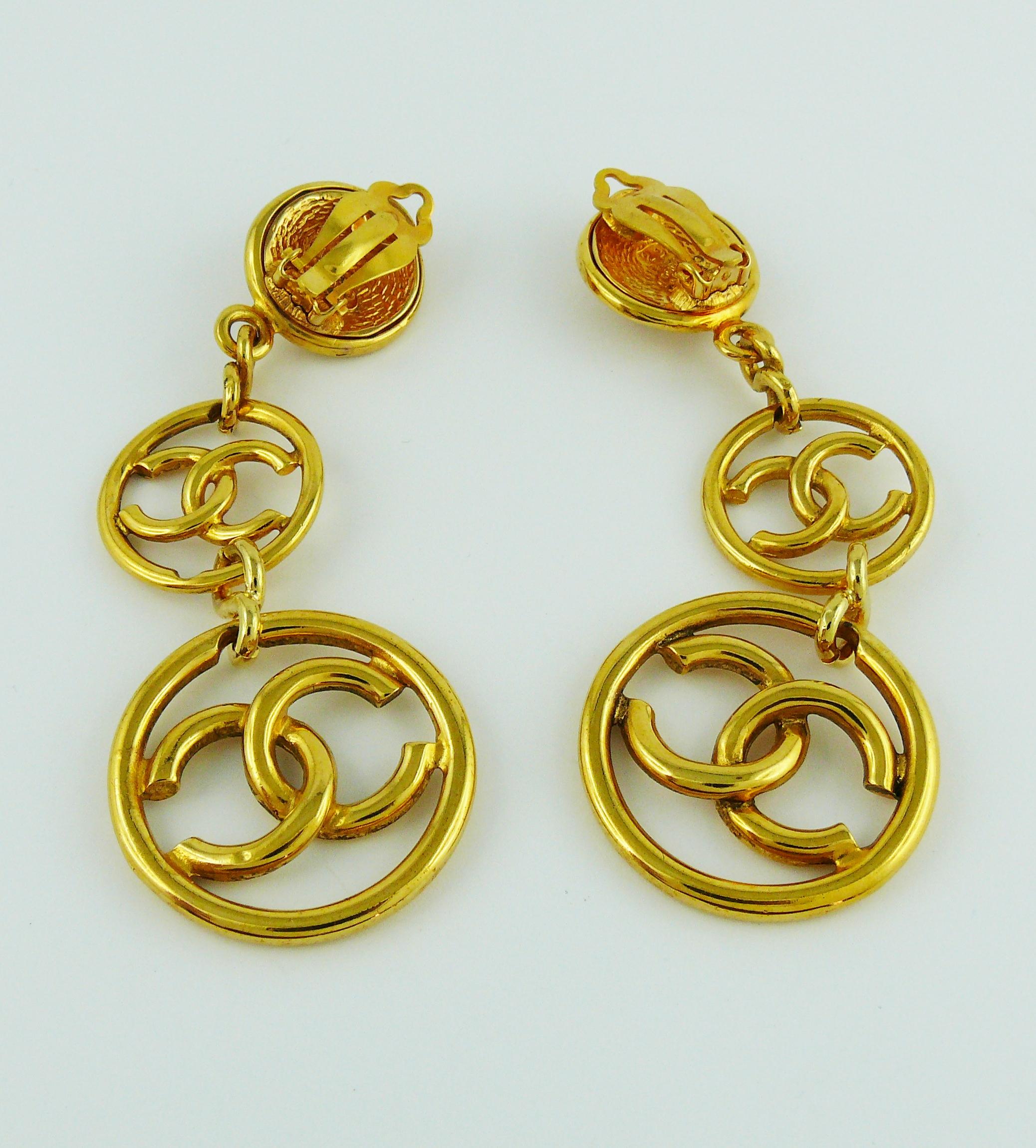 Chanel Vintage Gold Toned Three Tiered CC Dangling Earrings, 1993  2