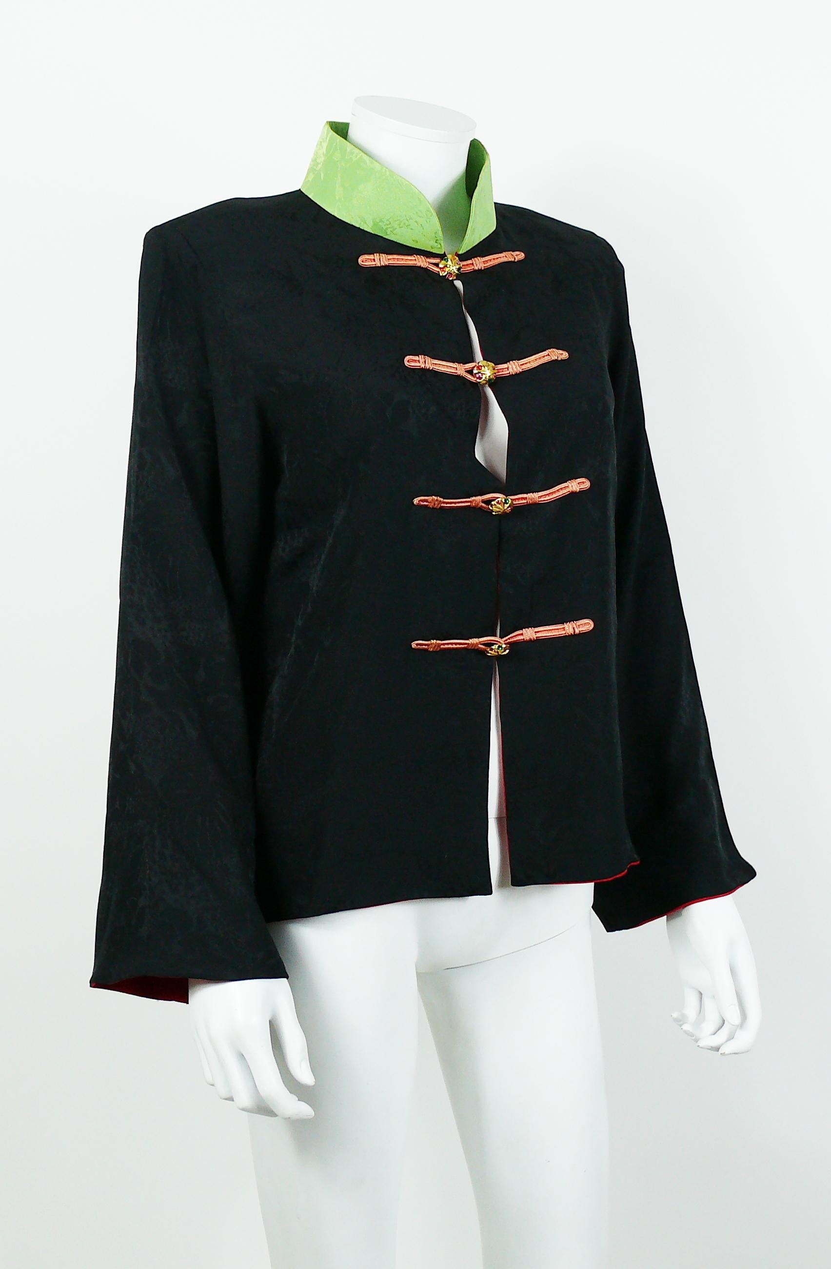 YVES SAINT LAURENT RIVE GAUCHE vintage Chinese Oriental inspired shirt jacket.

This shirt/jacket features :
- Black soft fabric (probably silk or silk blend) with floral design.
- Green mandarin collar.
- Chinese frog closure with jewelled gold