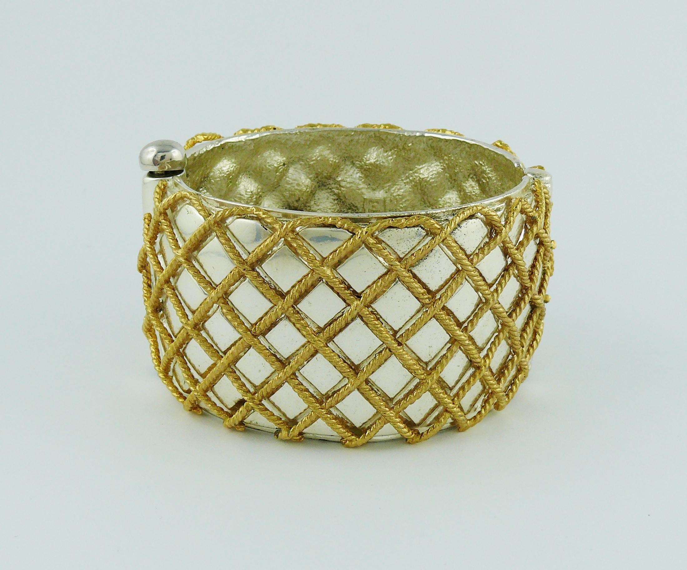 Women's Yves Saint Laurent YSL Vintage Two Tone Grid Design Cuff Bracelet For Sale