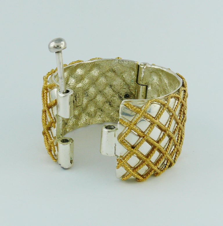 Yves Saint Laurent YSL Vintage Two Tone Grid Design Cuff Bracelet For