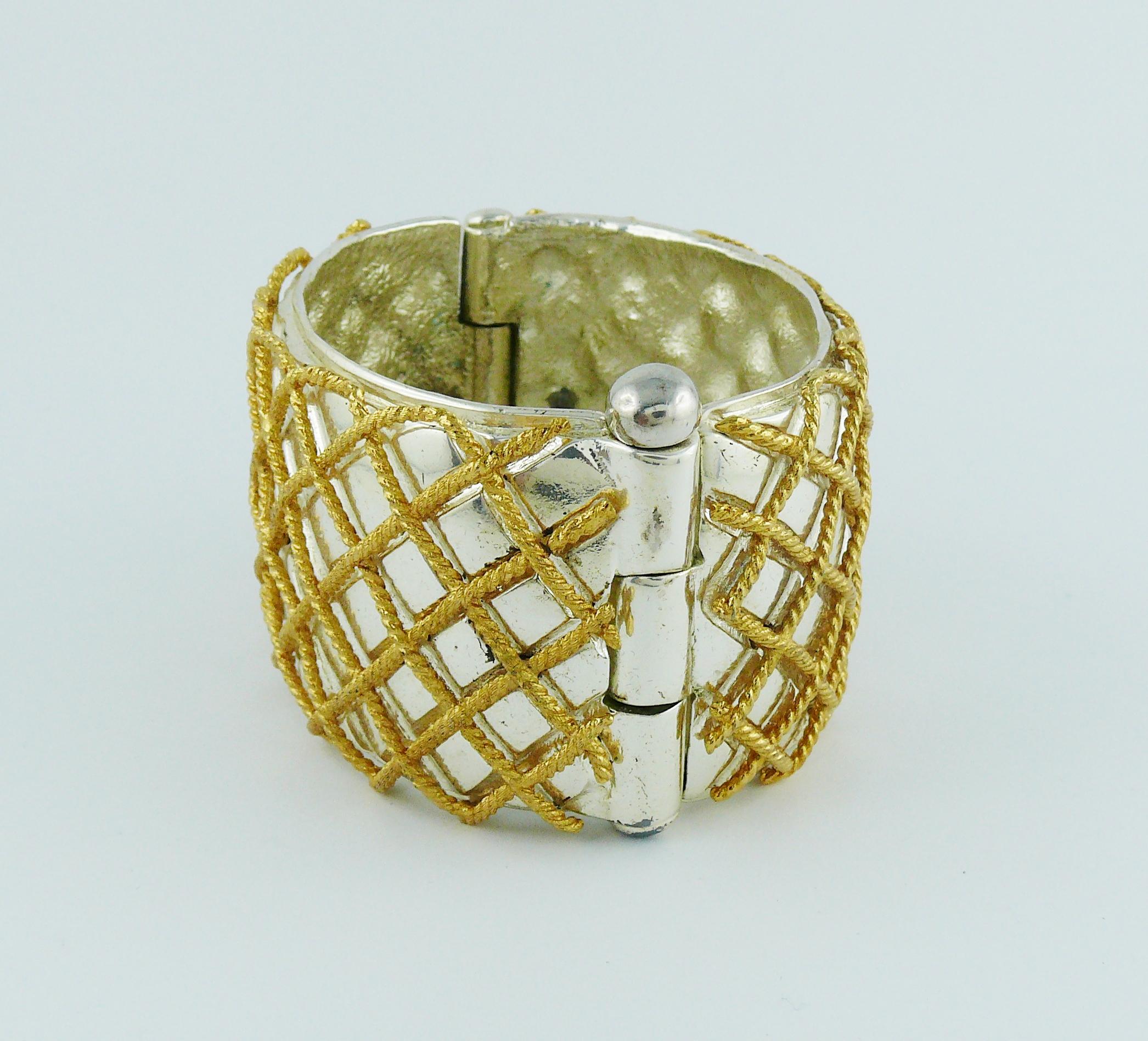 Yves Saint Laurent YSL Vintage Two Tone Grid Design Cuff Bracelet In Good Condition For Sale In Nice, FR