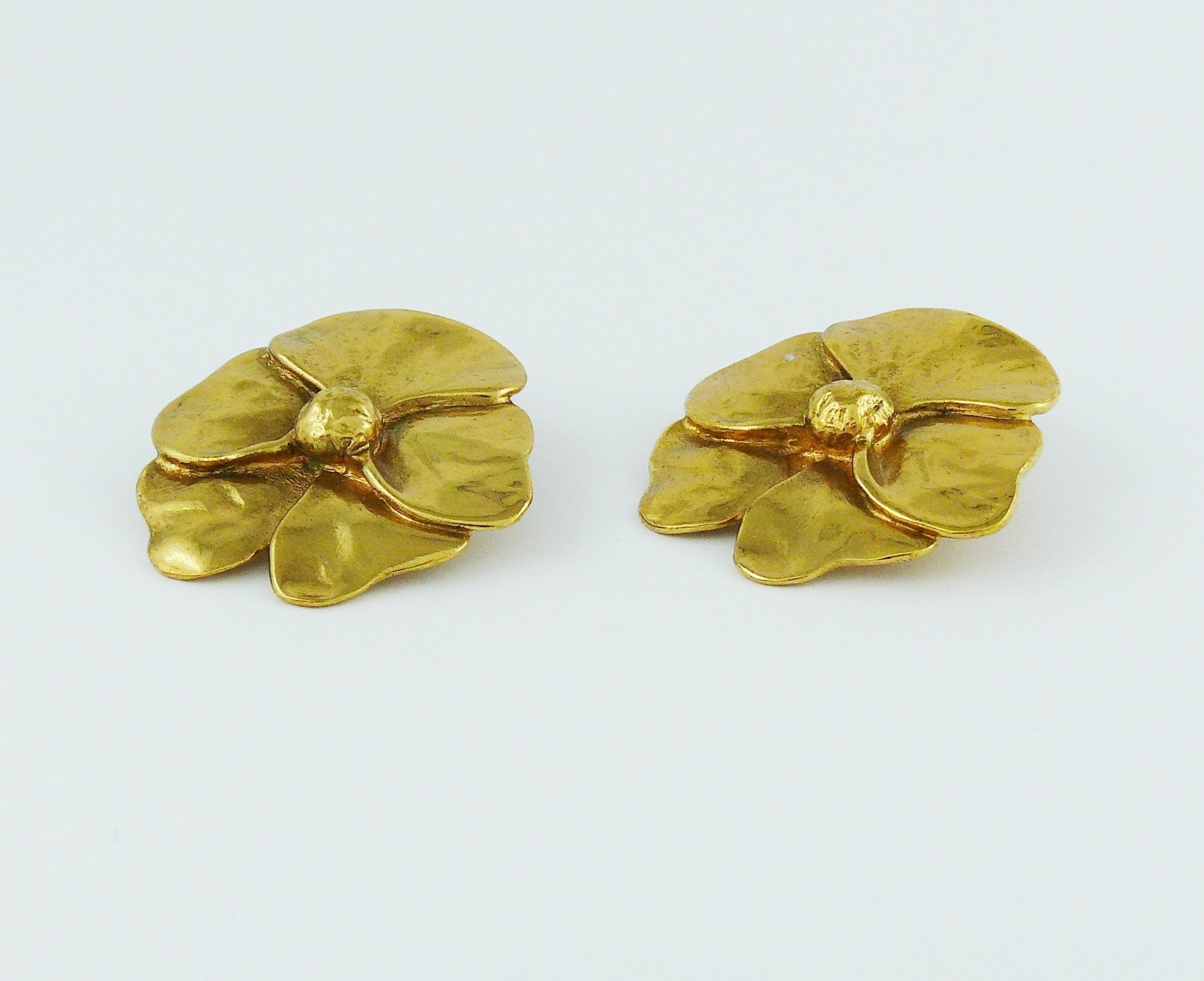 Women's Yves Saint Laurent YSL Gold Toned Pansy Clip On Earrings