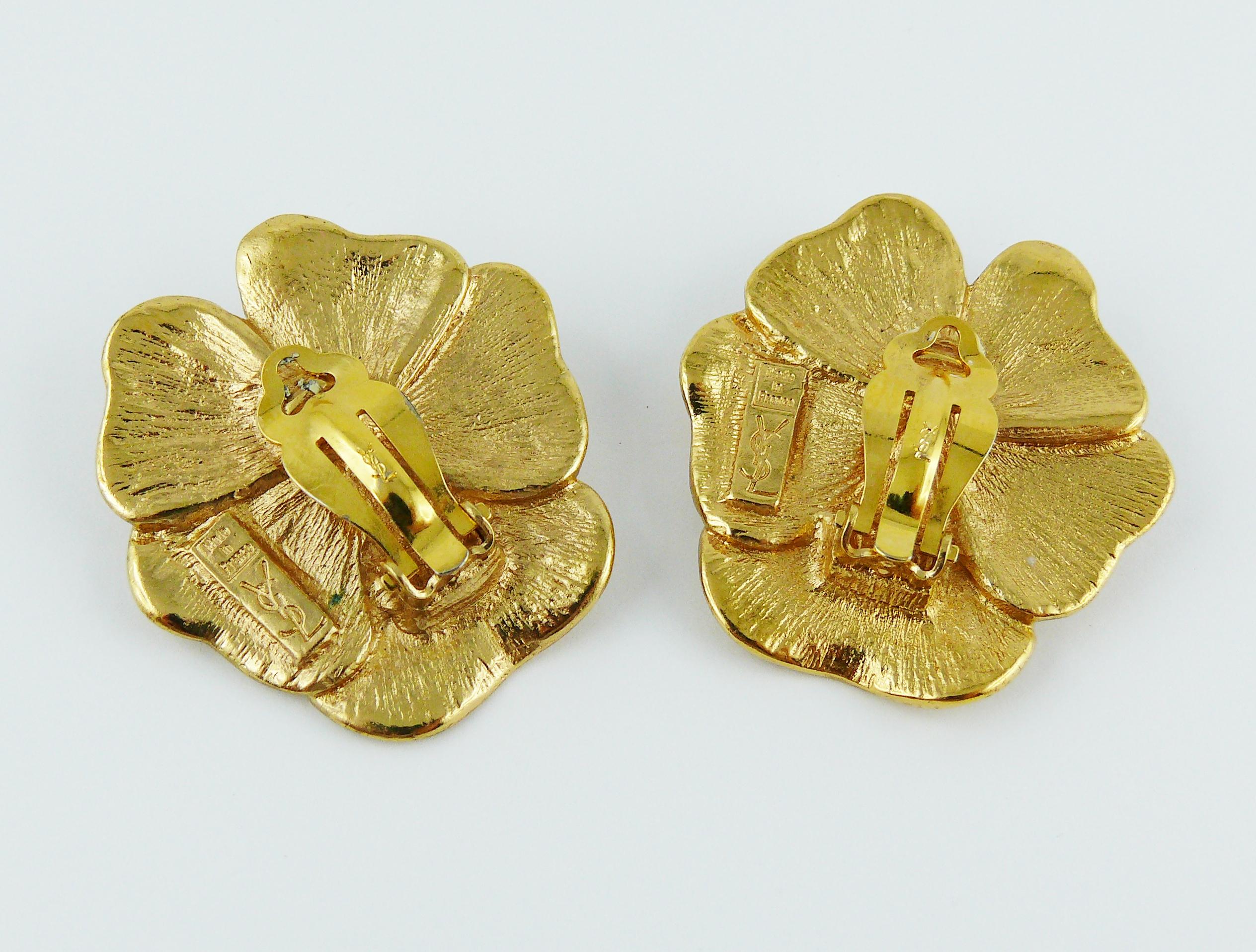 Yves Saint Laurent YSL Gold Toned Pansy Clip On Earrings 1