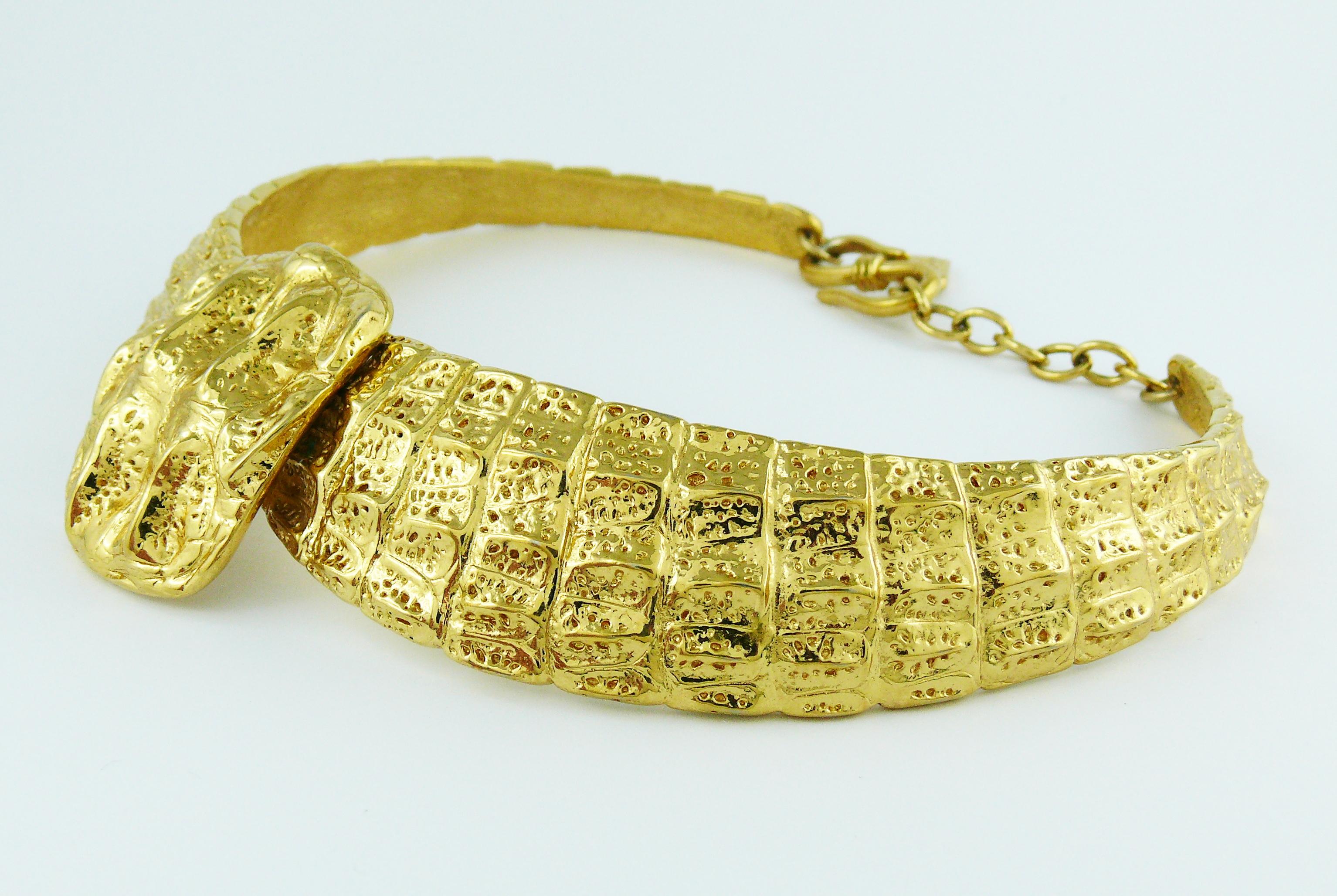Women's Yves Saint Laurent YSL Vintage Gold Toned Croc Design Choker Necklace