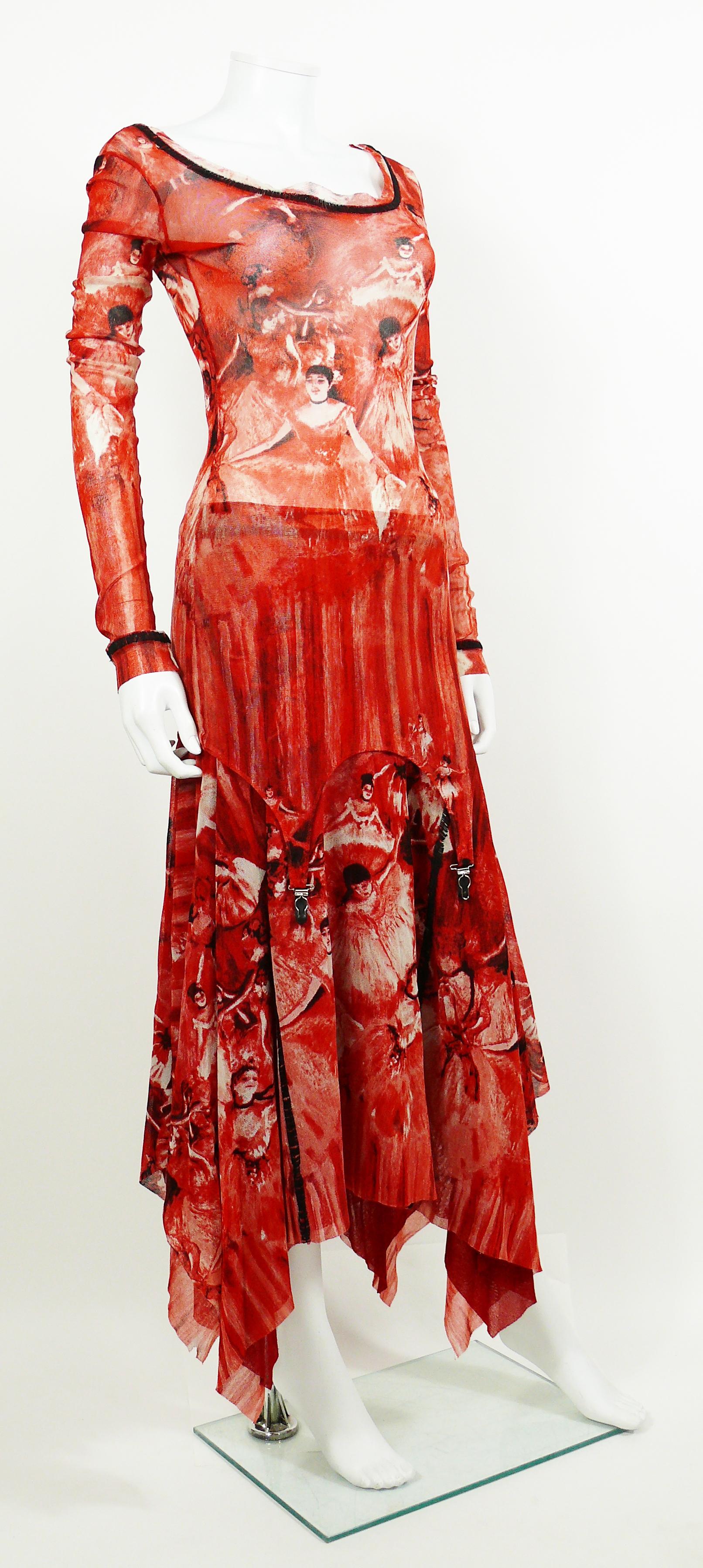 Jean Paul Gaultier Degas ballerina print mesh ensemble featuring a maxi length skirt and a matching top.

SKIRT
- Maxi length.
- Fully lined in a matching red mesh.
- Slips on to wear.
- Label reads JEAN PAUL GAULTIER Maille Femme Made in Italy.
-