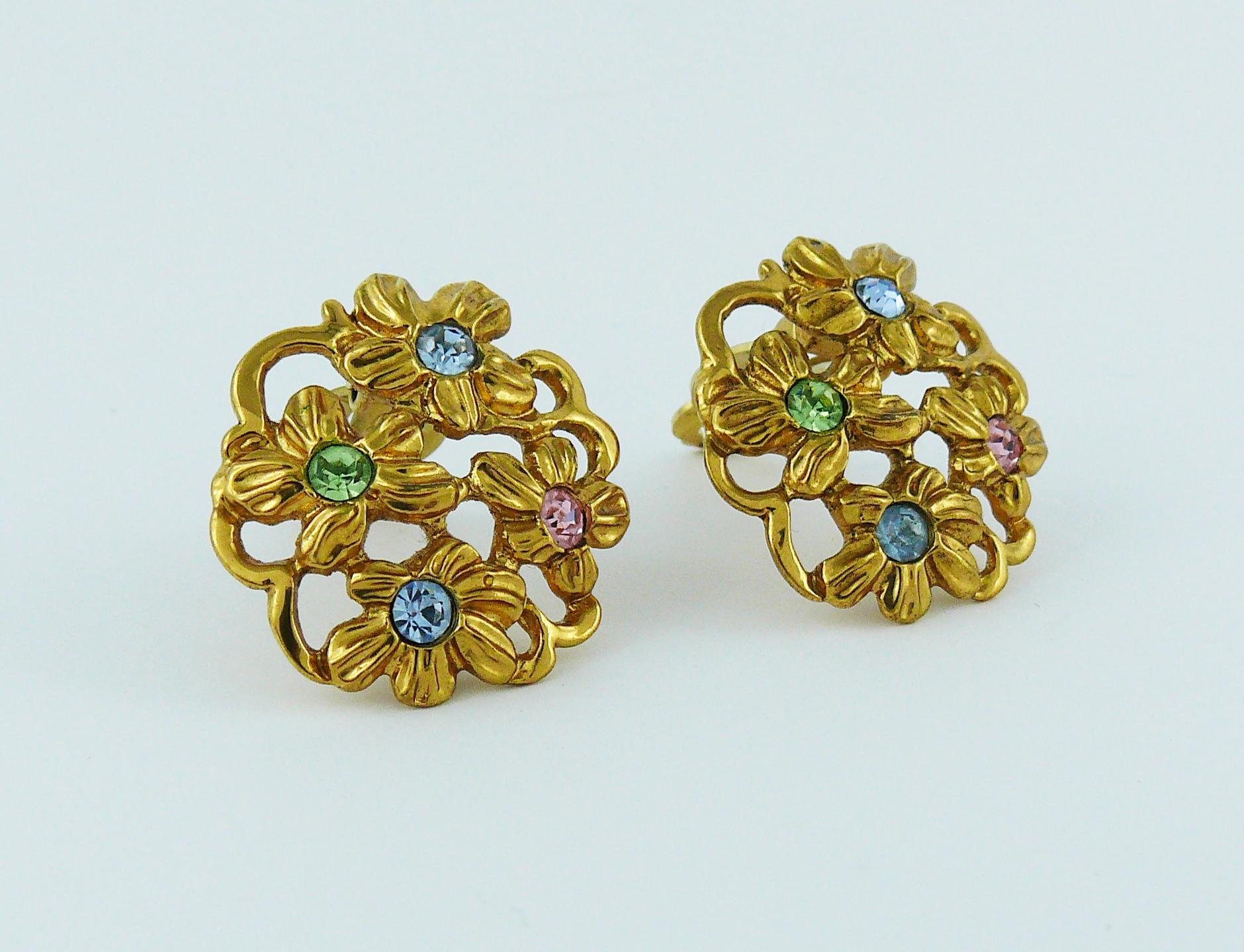 Yves Saint Laurent YSL Vintage Jewelled Gold Toned Floral Clip On Earrings In Excellent Condition For Sale In Nice, FR