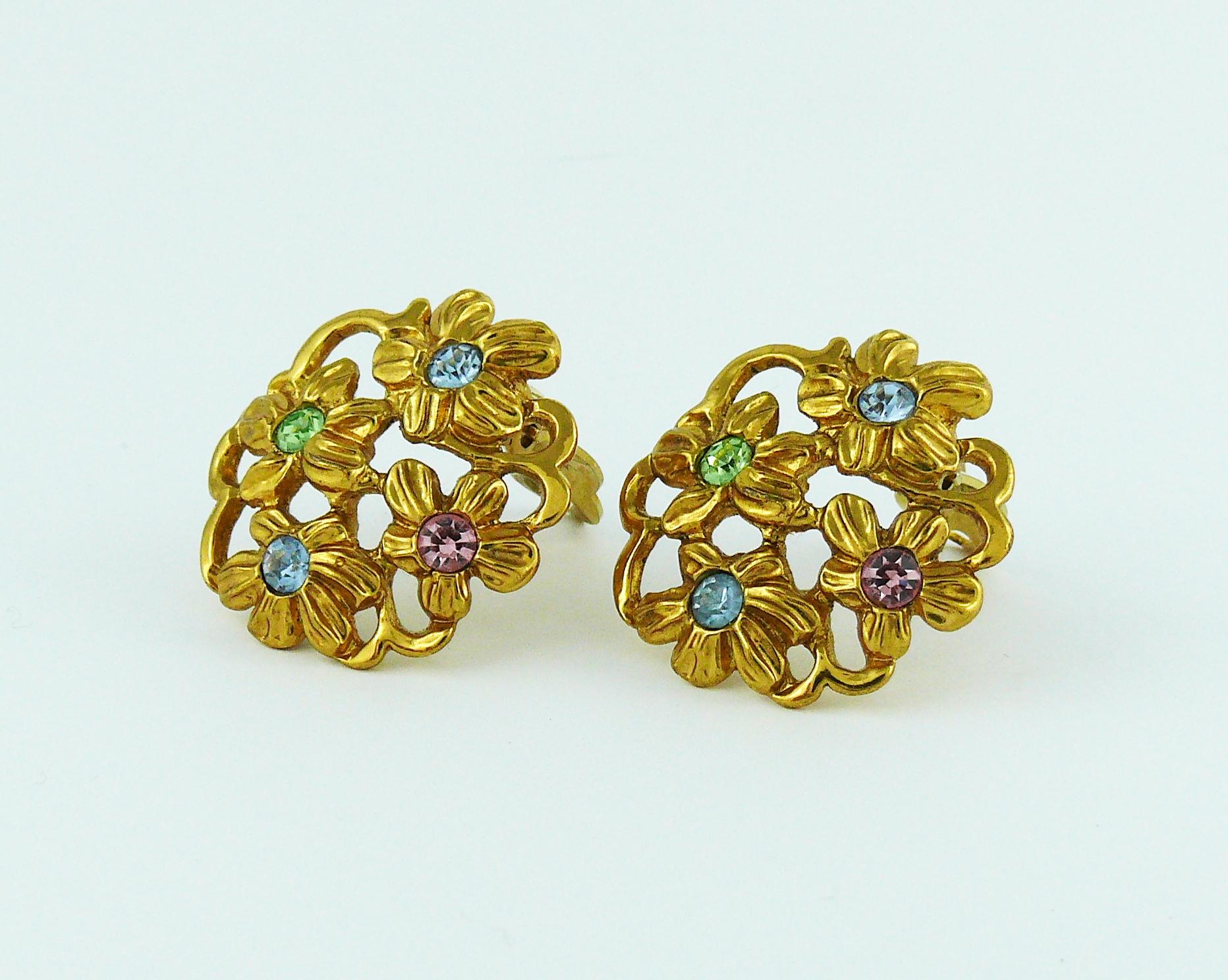 Yves Saint Laurent YSL Vintage Jewelled Gold Toned Floral Clip On Earrings For Sale 1