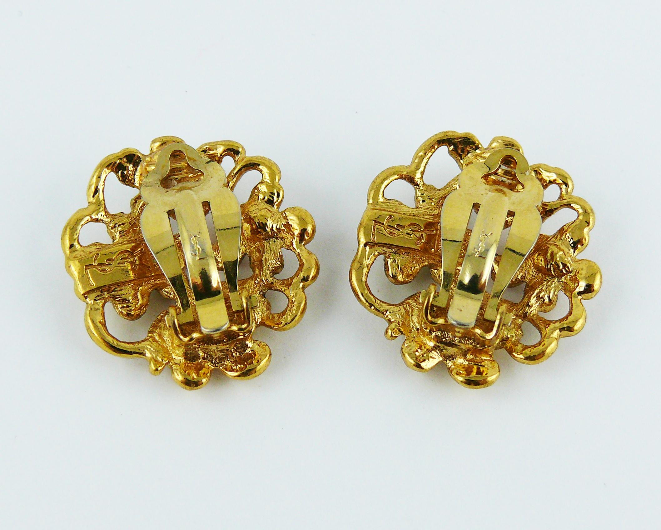 Yves Saint Laurent YSL Vintage Jewelled Gold Toned Floral Clip On Earrings For Sale 2