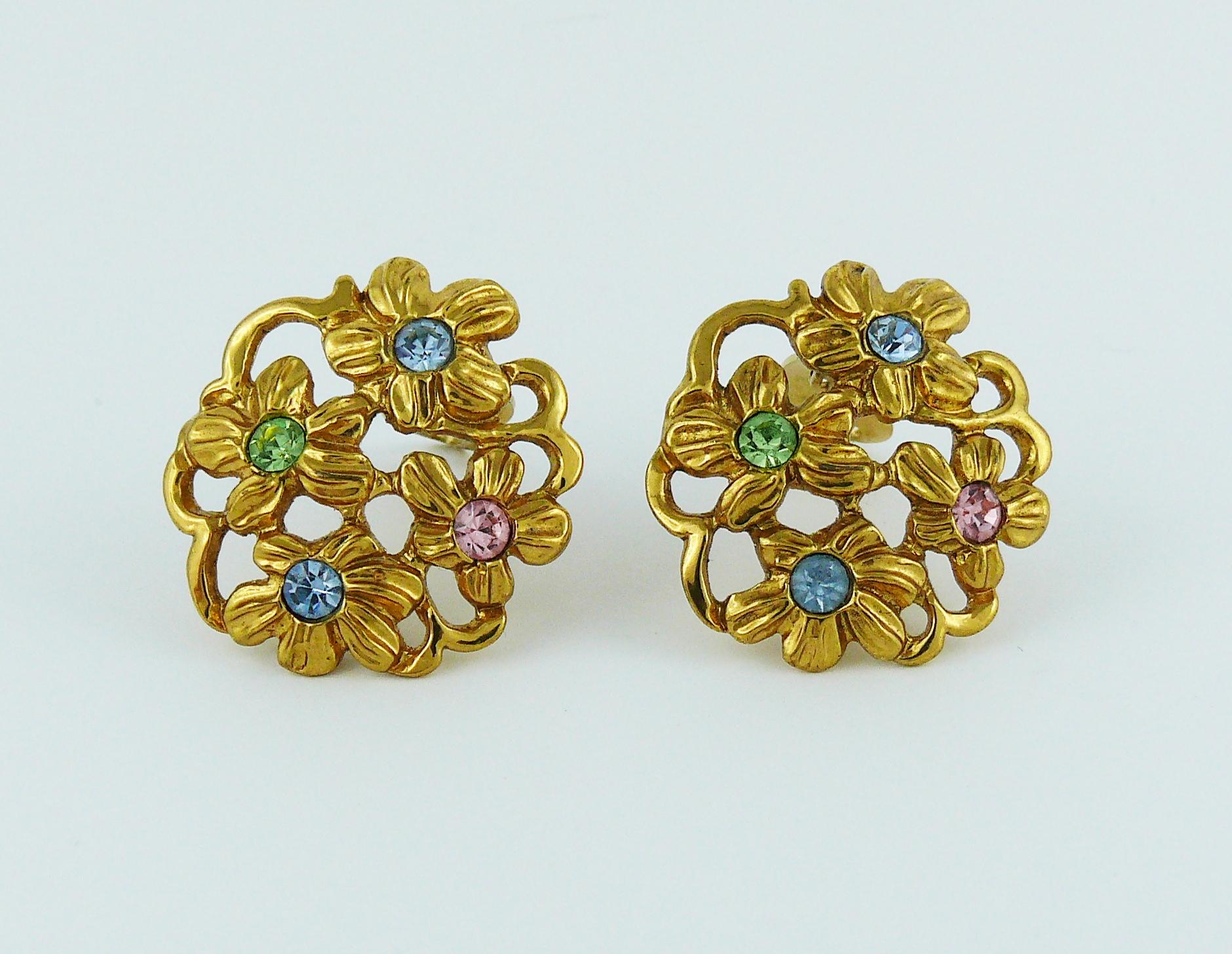 Women's Yves Saint Laurent YSL Vintage Jewelled Gold Toned Floral Clip On Earrings For Sale
