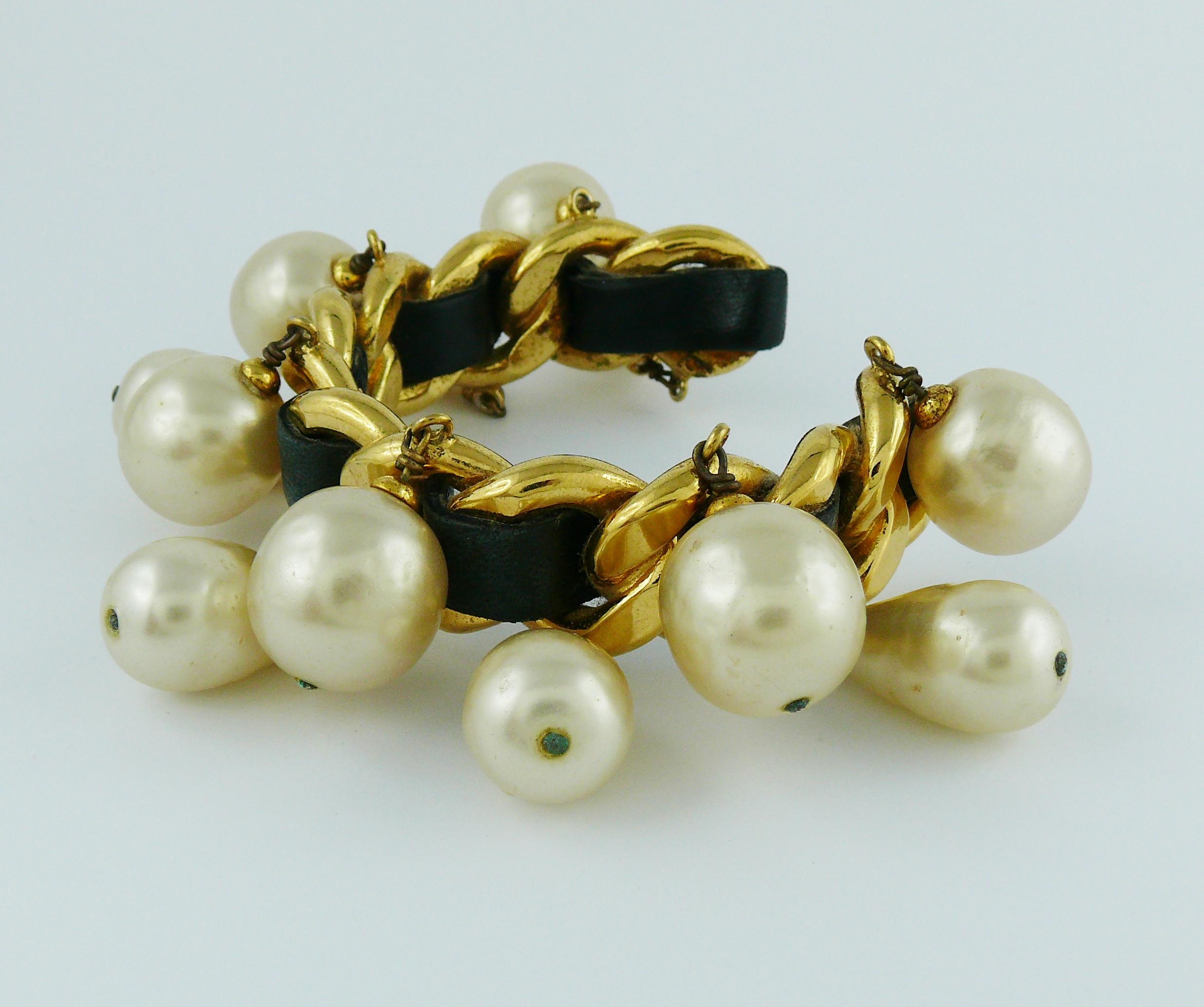 Women's Chanel Vintage Chain Leather Pearl Drop Cuff Bracelet, 1980s  For Sale