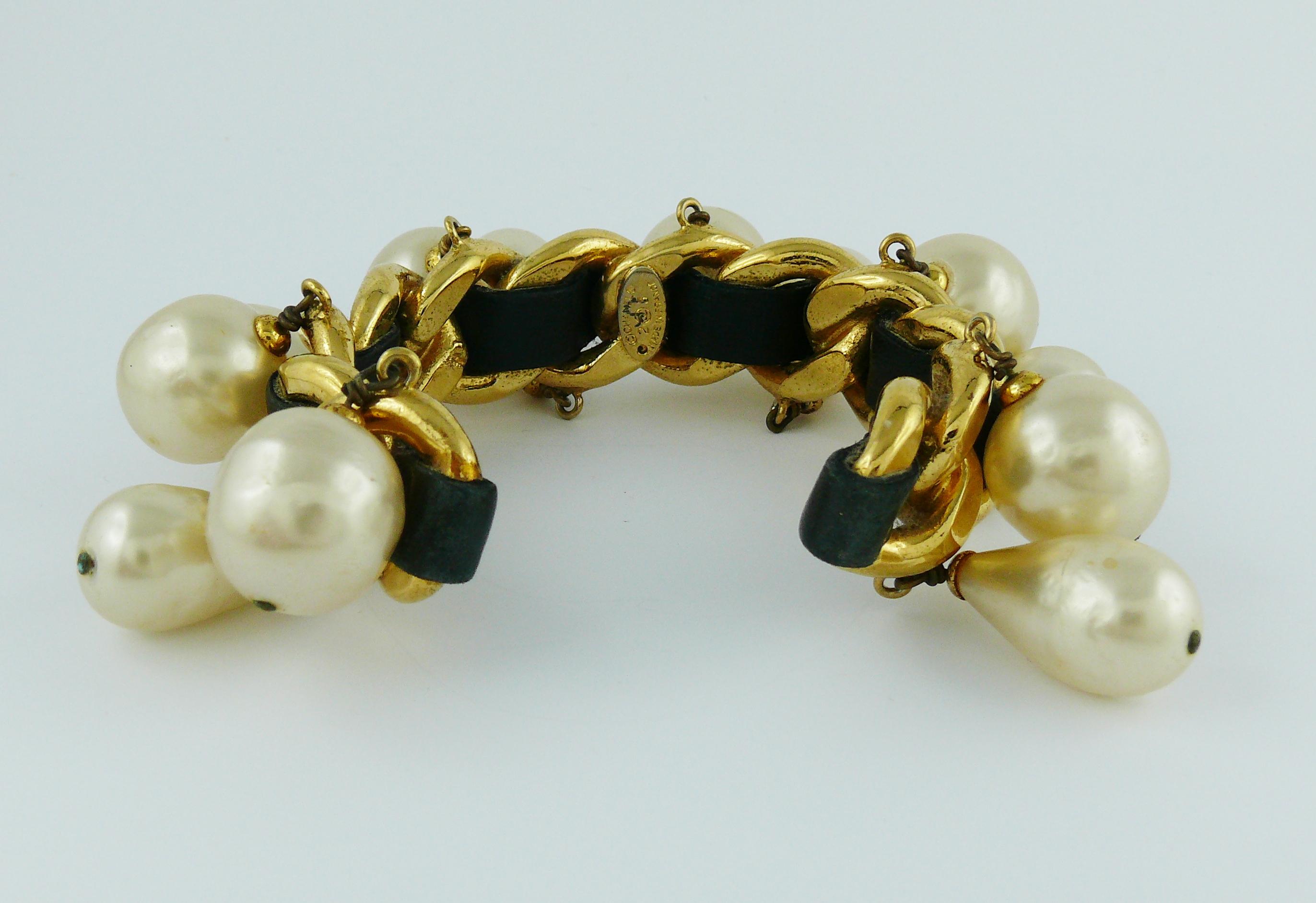 Chanel Vintage Chain Leather Pearl Drop Cuff Bracelet, 1980s  For Sale 1