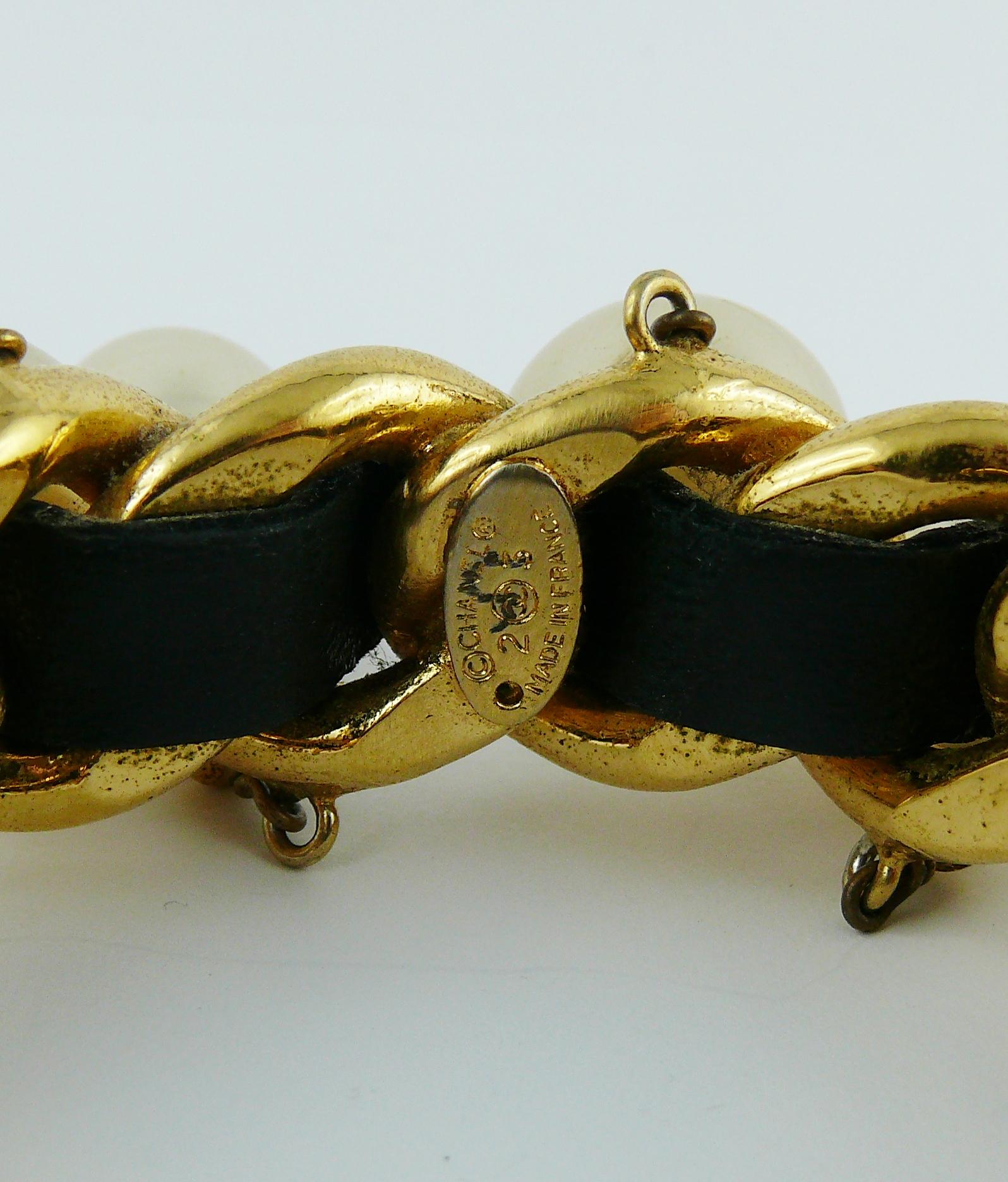 Chanel Vintage Chain Leather Pearl Drop Cuff Bracelet, 1980s  For Sale 3