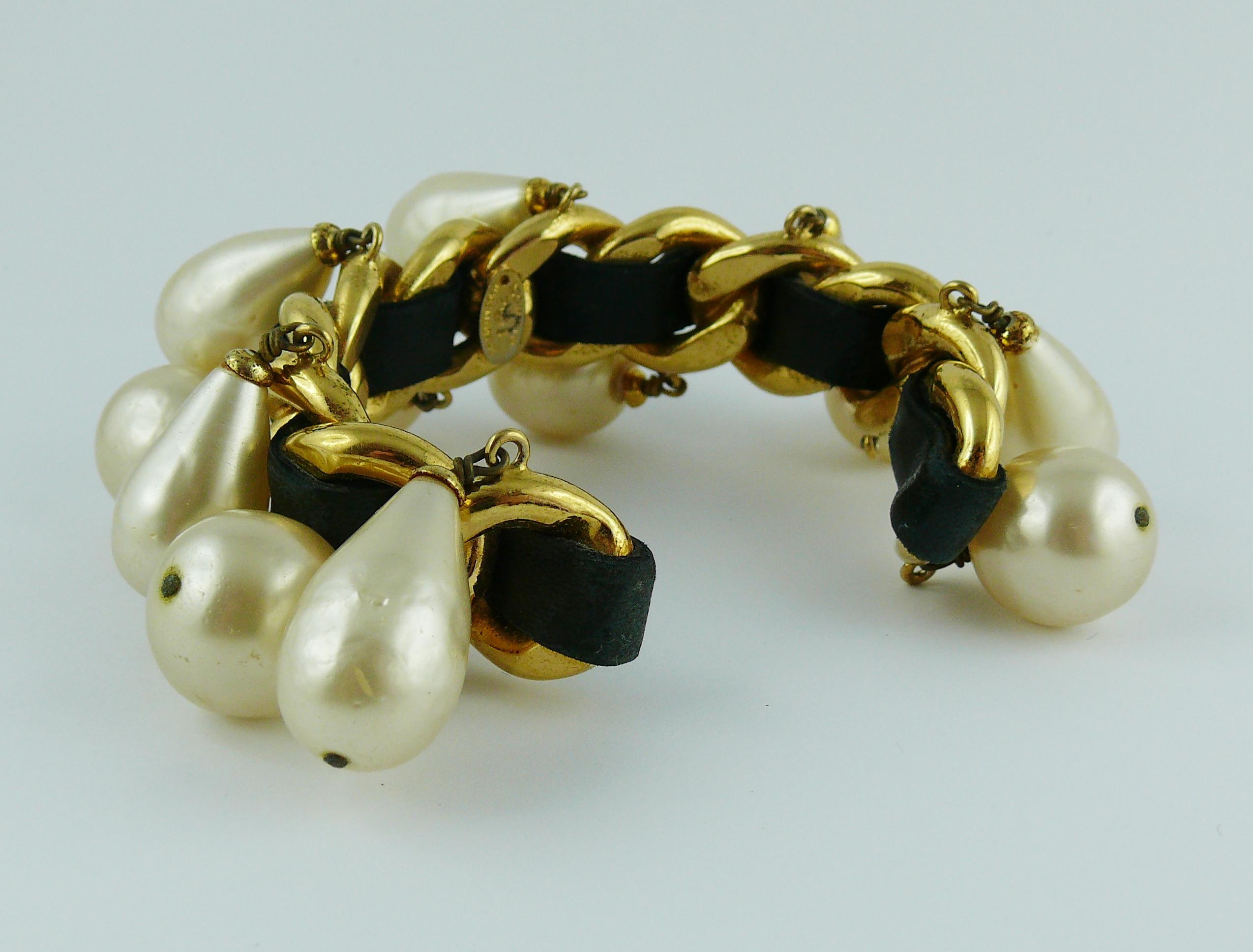 Chanel Vintage Chain Leather Pearl Drop Cuff Bracelet, 1980s  For Sale 2