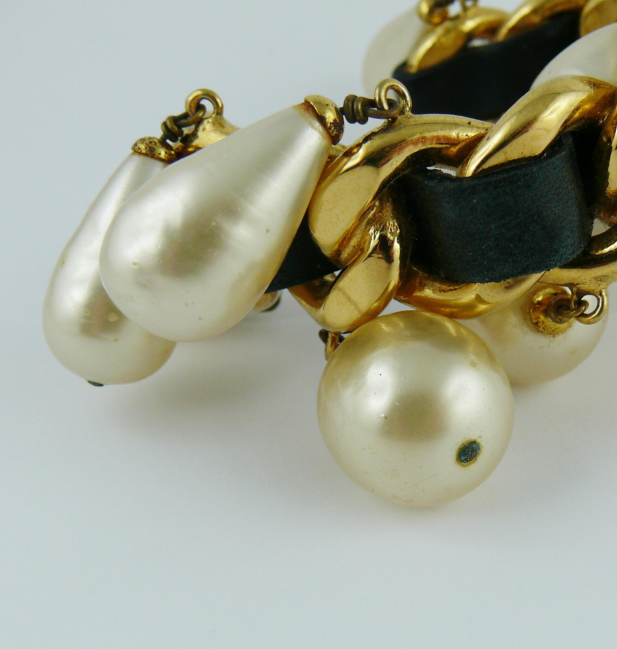 Chanel Vintage Chain Leather Pearl Drop Cuff Bracelet, 1980s  For Sale 9