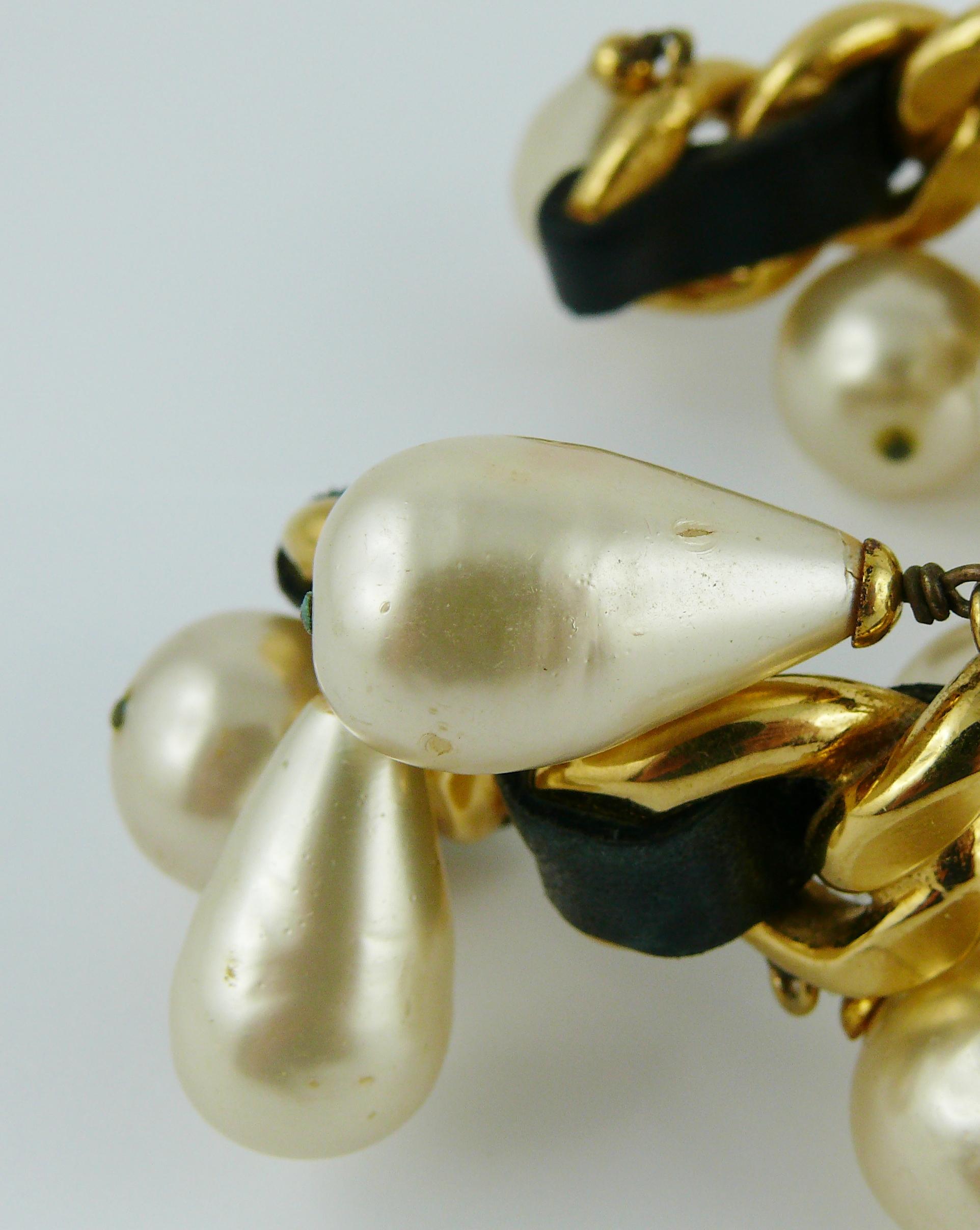 Chanel Vintage Chain Leather Pearl Drop Cuff Bracelet, 1980s  For Sale 10
