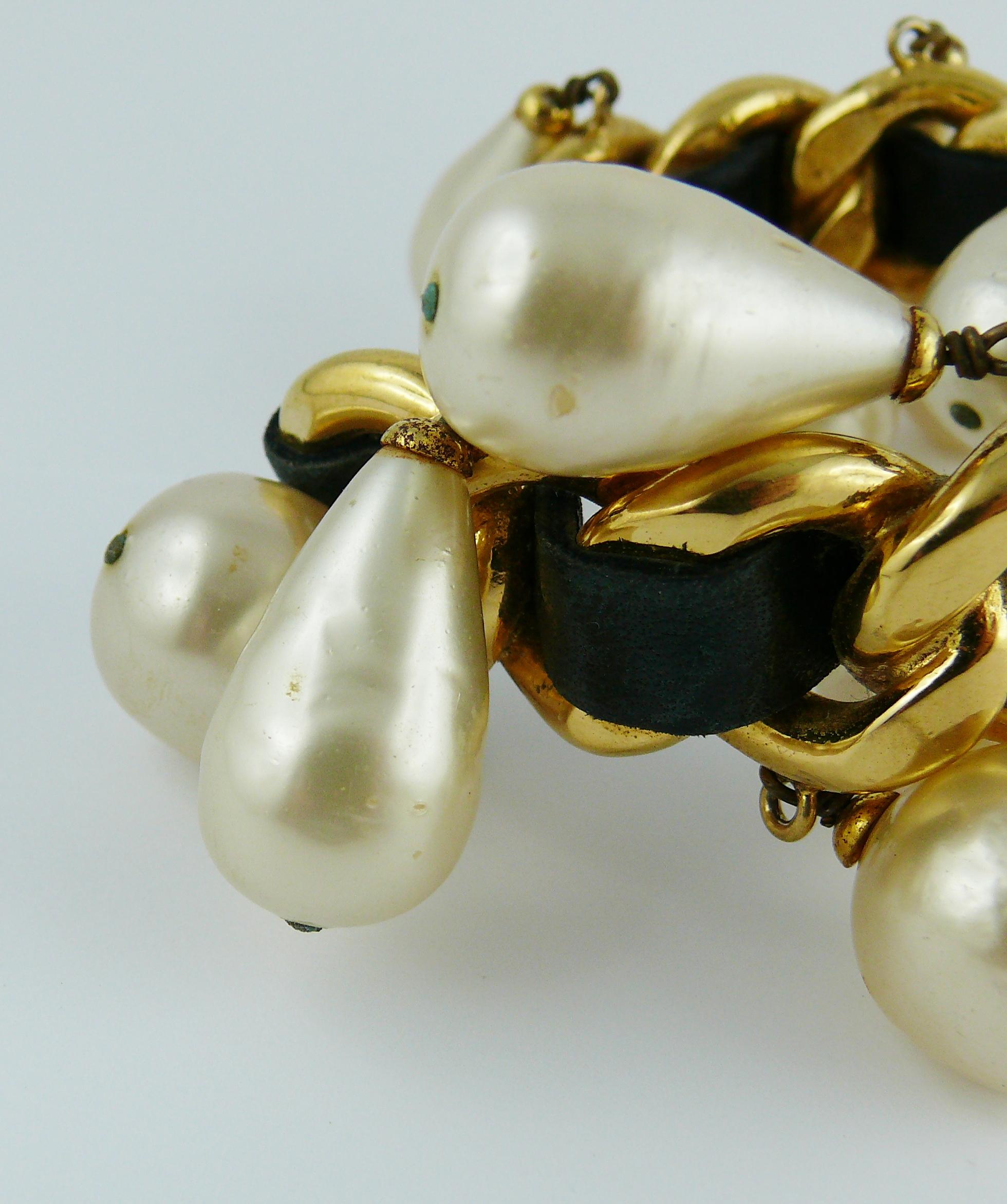 Chanel Vintage Chain Leather Pearl Drop Cuff Bracelet, 1980s  For Sale 11