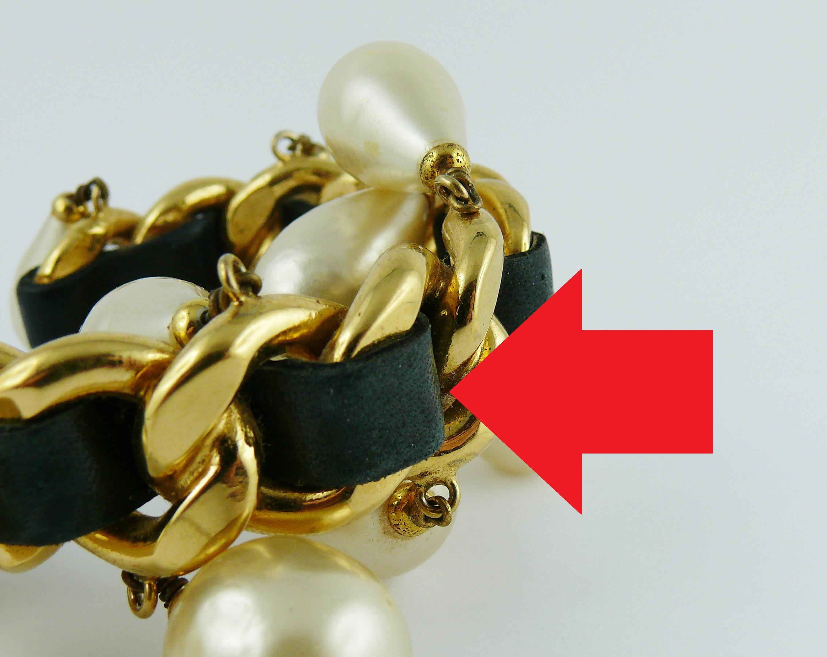 Chanel Vintage Chain Leather Pearl Drop Cuff Bracelet, 1980s  For Sale 4