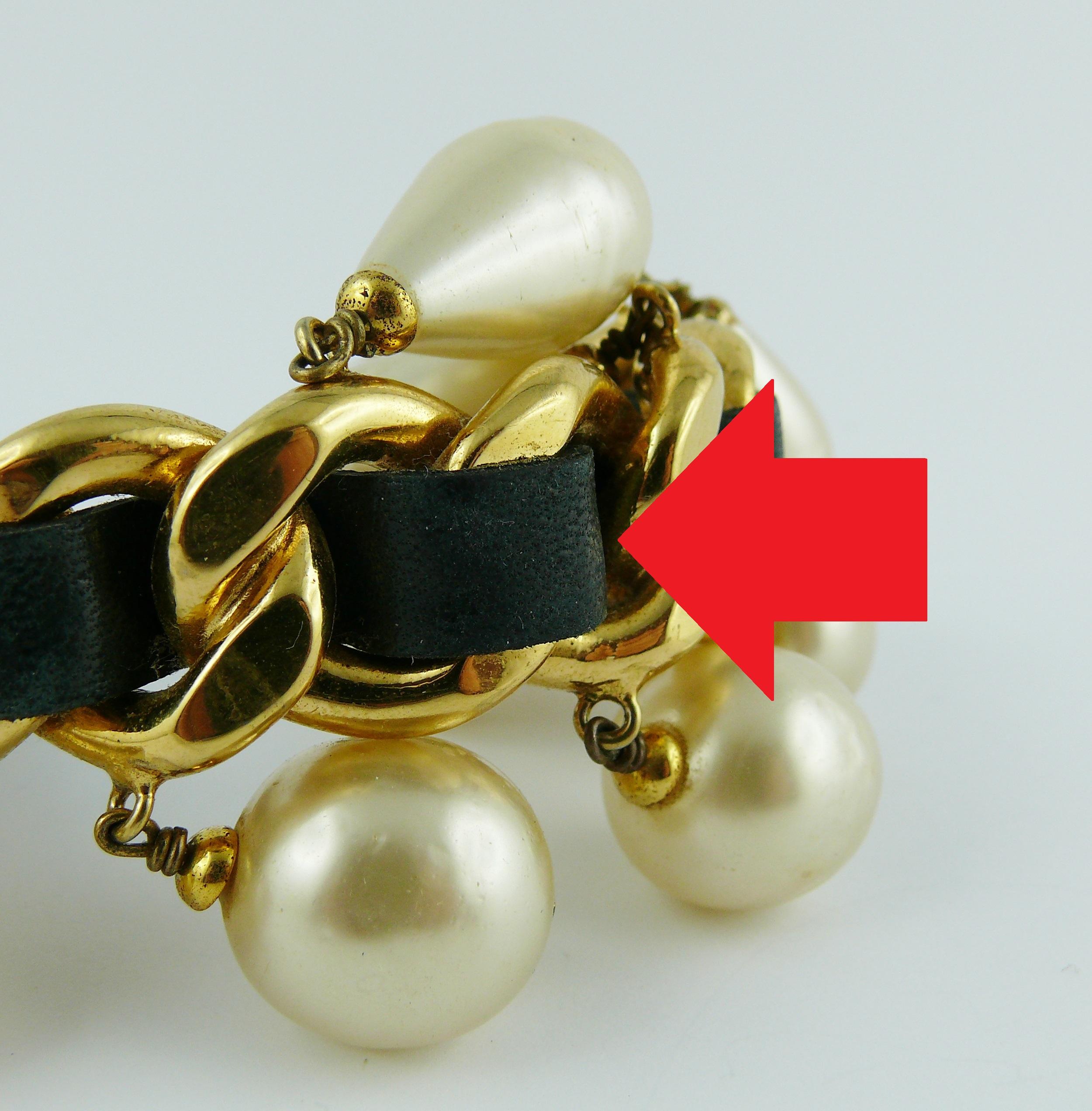 Chanel Vintage Chain Leather Pearl Drop Cuff Bracelet, 1980s  For Sale 5