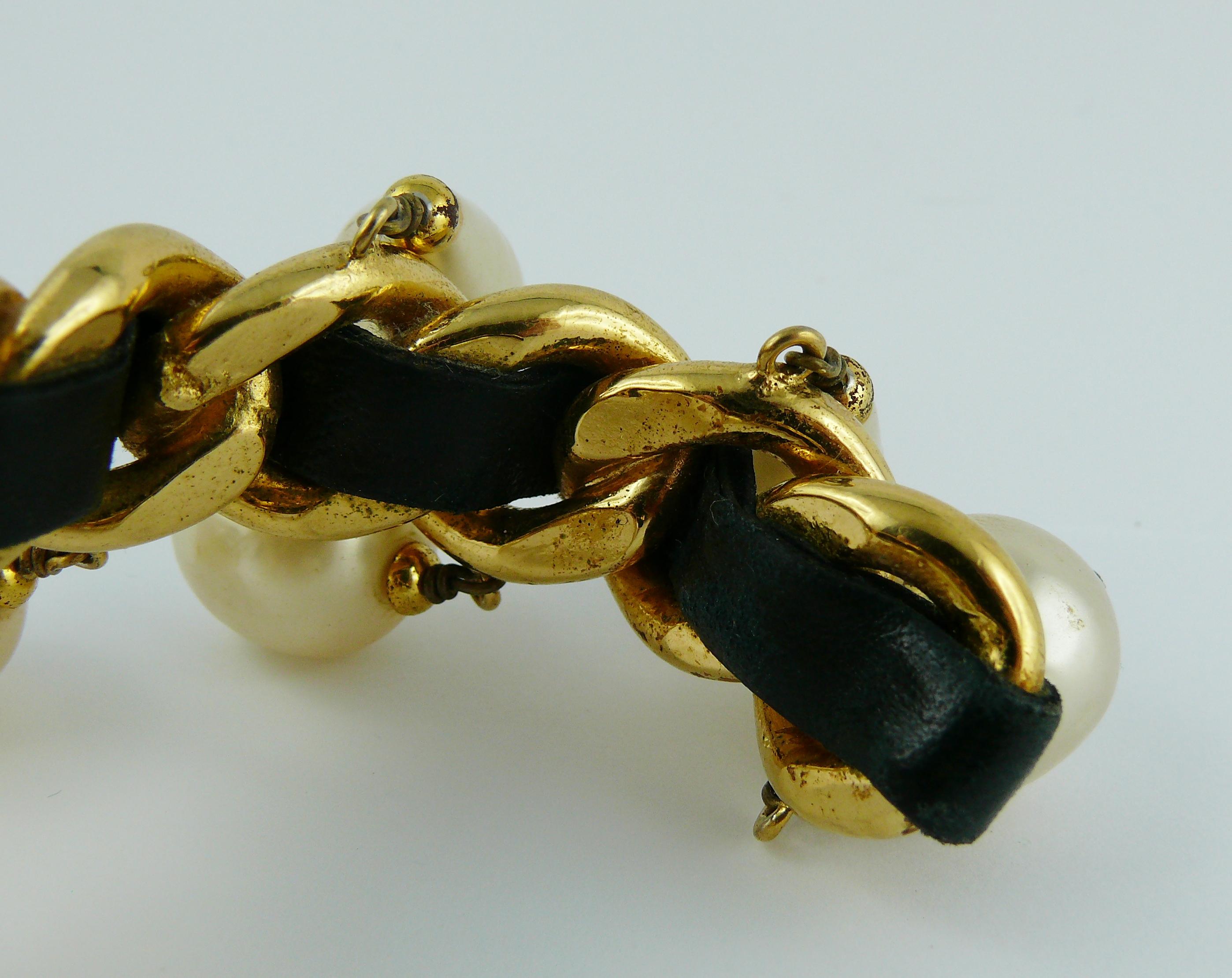 Chanel Vintage Chain Leather Pearl Drop Cuff Bracelet, 1980s  For Sale 7