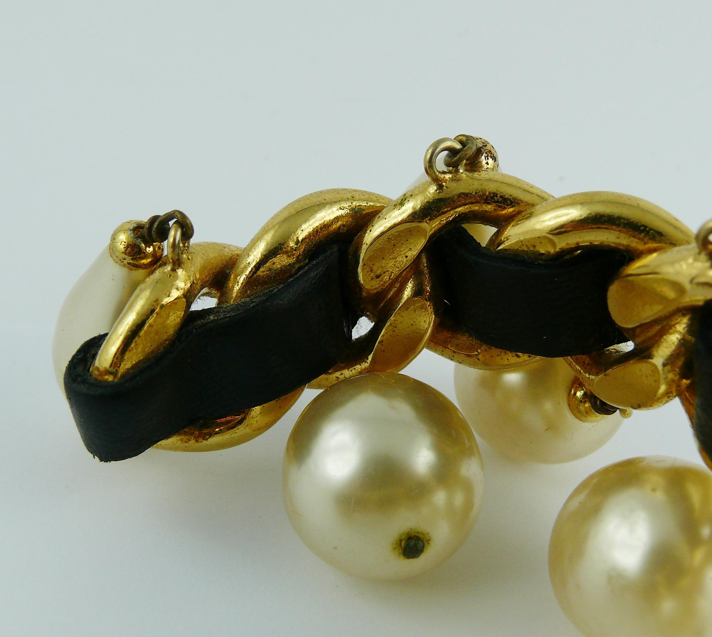 Chanel Vintage Chain Leather Pearl Drop Cuff Bracelet, 1980s  For Sale 6