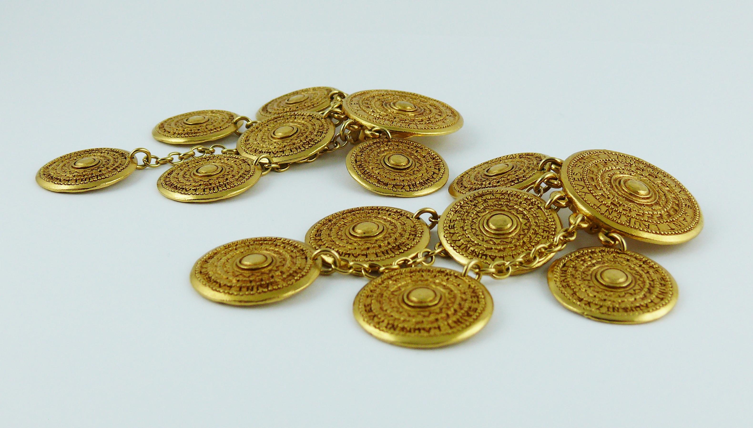 Women's Yves Saint Laurent YSL Vintage Gold Toned Ethnic Aztec Pattern Dangle Earrings