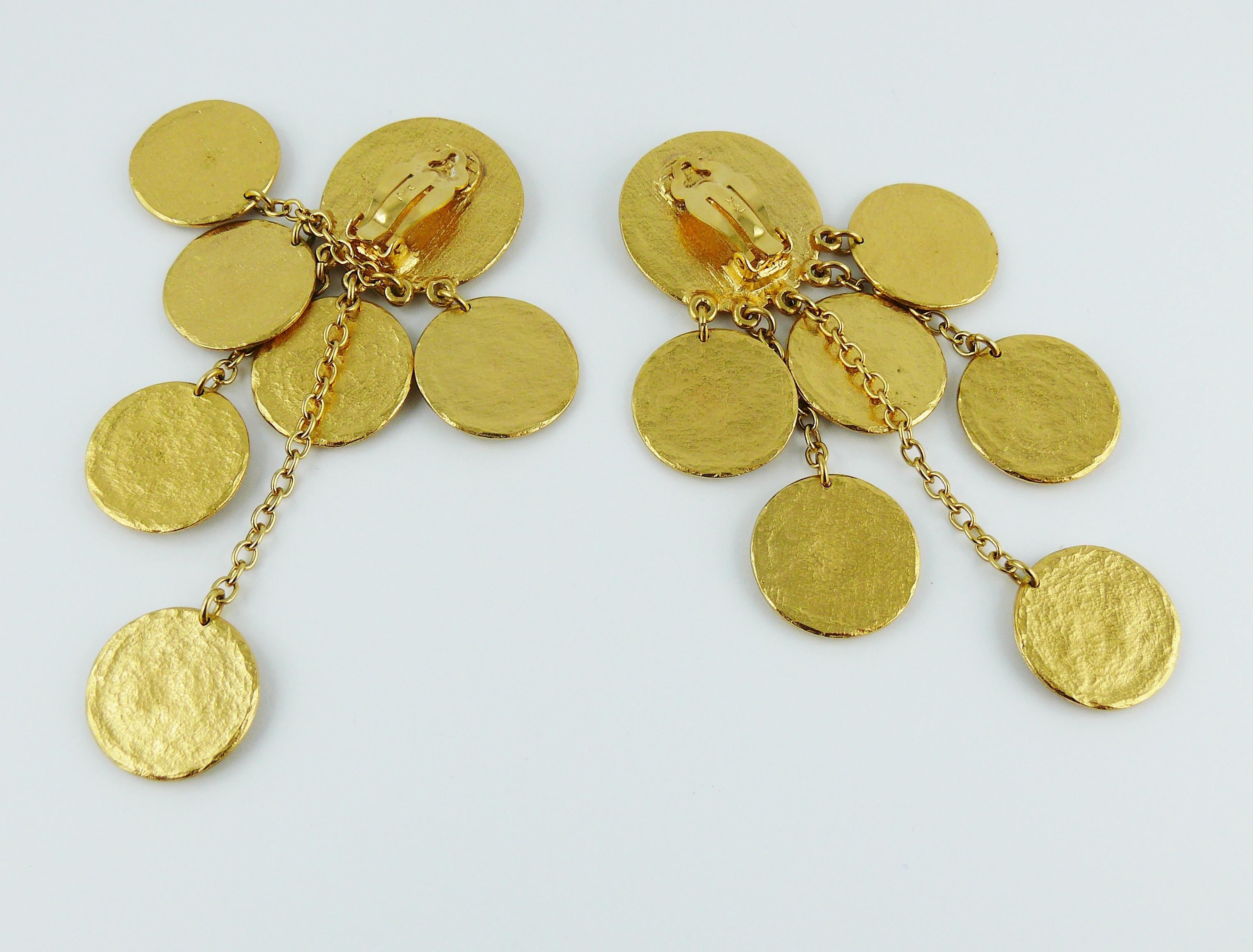 Yves Saint Laurent YSL Vintage Gold Toned Ethnic Aztec Pattern Dangle Earrings 2