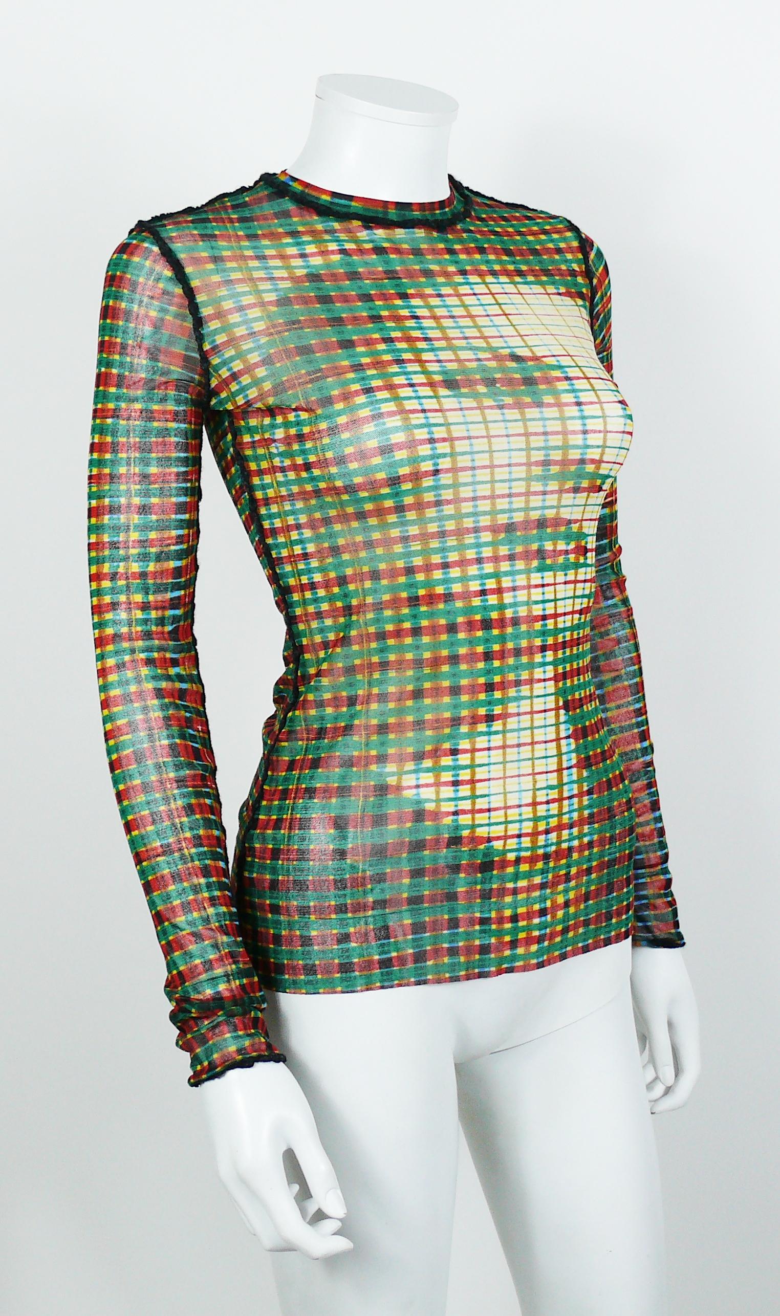 JEAN PAUL GAULTIER vintage tartan plaid motif sheer mesh top featuring an optical illusion female profile.

Stretchy material.

Label reads JEAN PAUL GAULTIER Maille Femme.
Made in Italy.

Missing size label.
Please refer to measurements.

Missing