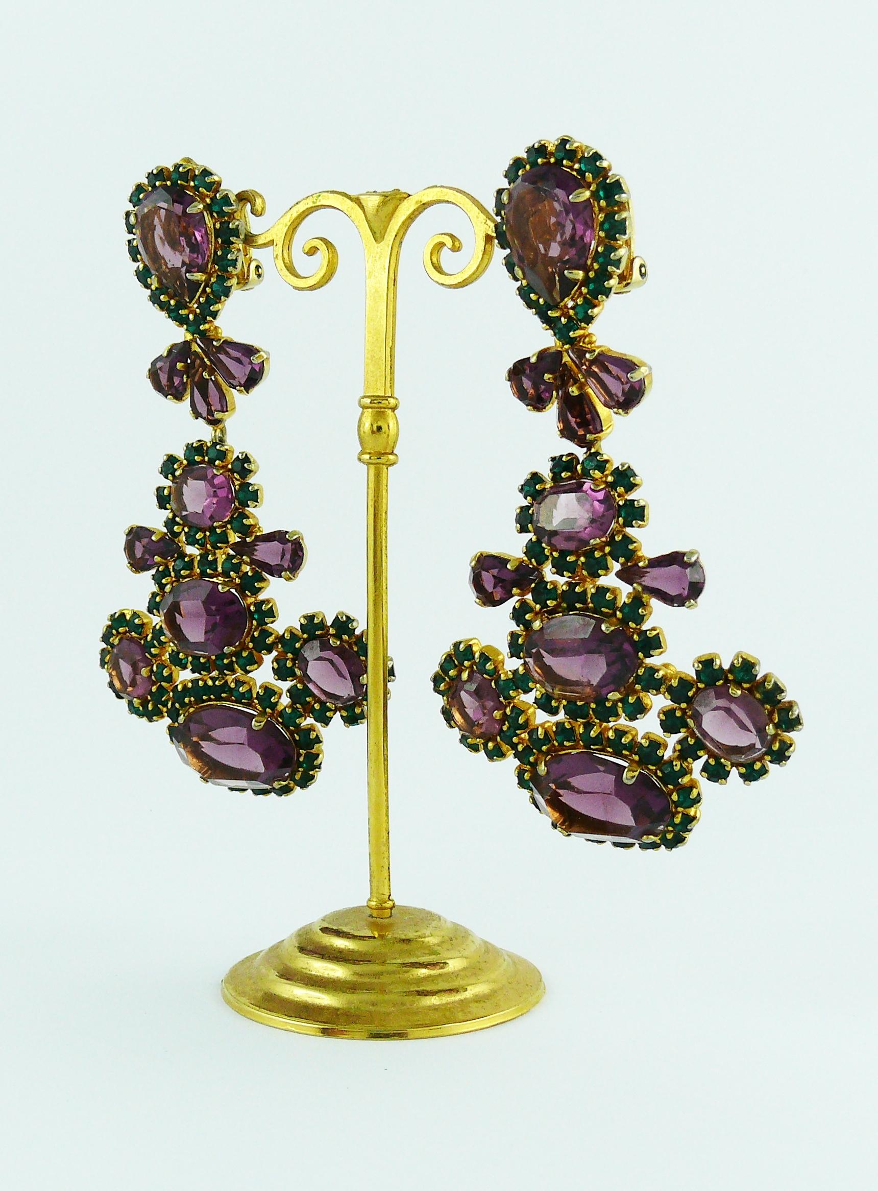 Christian Dior Vintage Massive Purple and Green Crystal Dangling Earrings 2