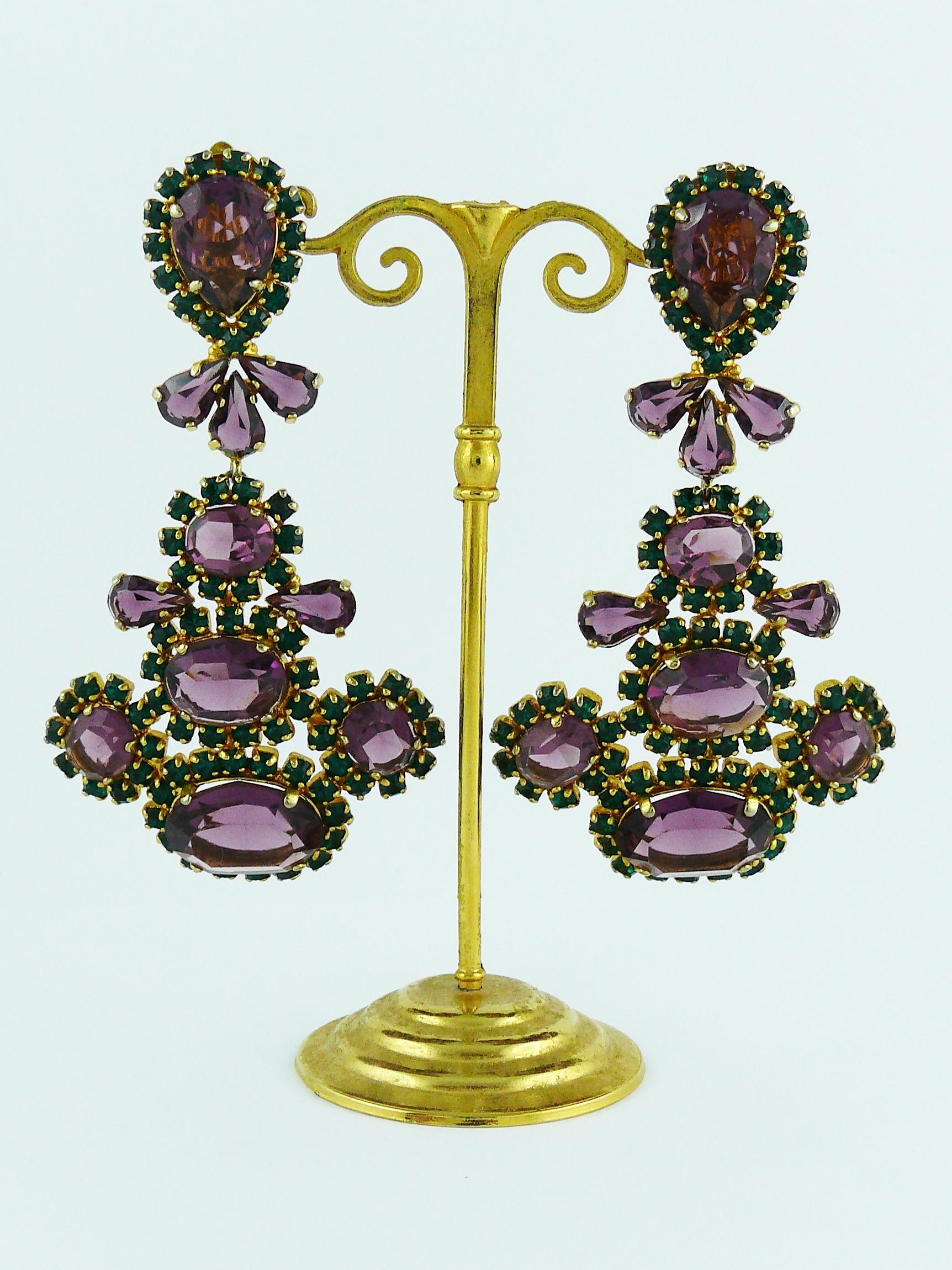 Women's Christian Dior Vintage Massive Purple and Green Crystal Dangling Earrings
